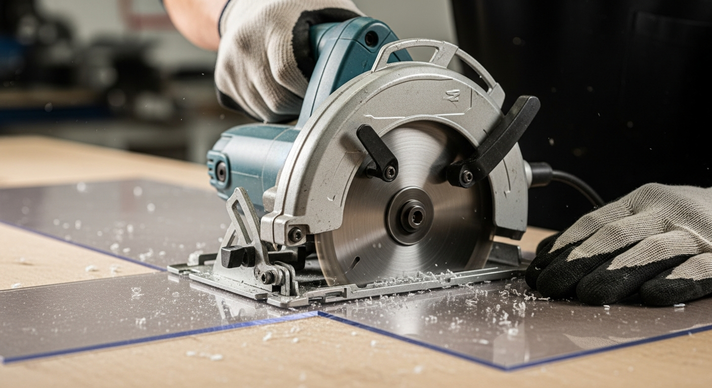 Clear polycarbonate sheet being cut with a circular saw using a fine-tooth carbide blade on a workshop bench