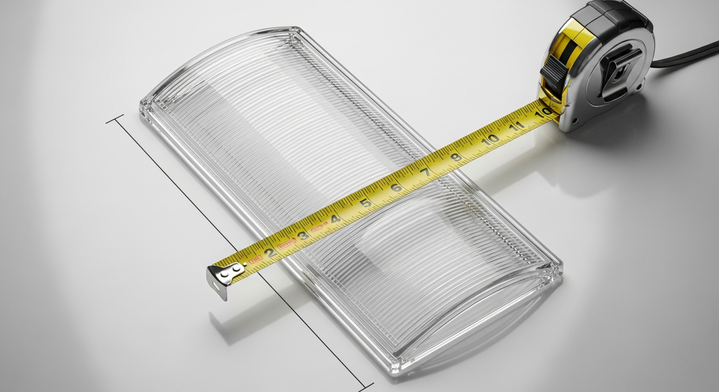 Tape measure across a clear fluorescent light cover lens demonstrating how to size a replacement plastic light diffuser