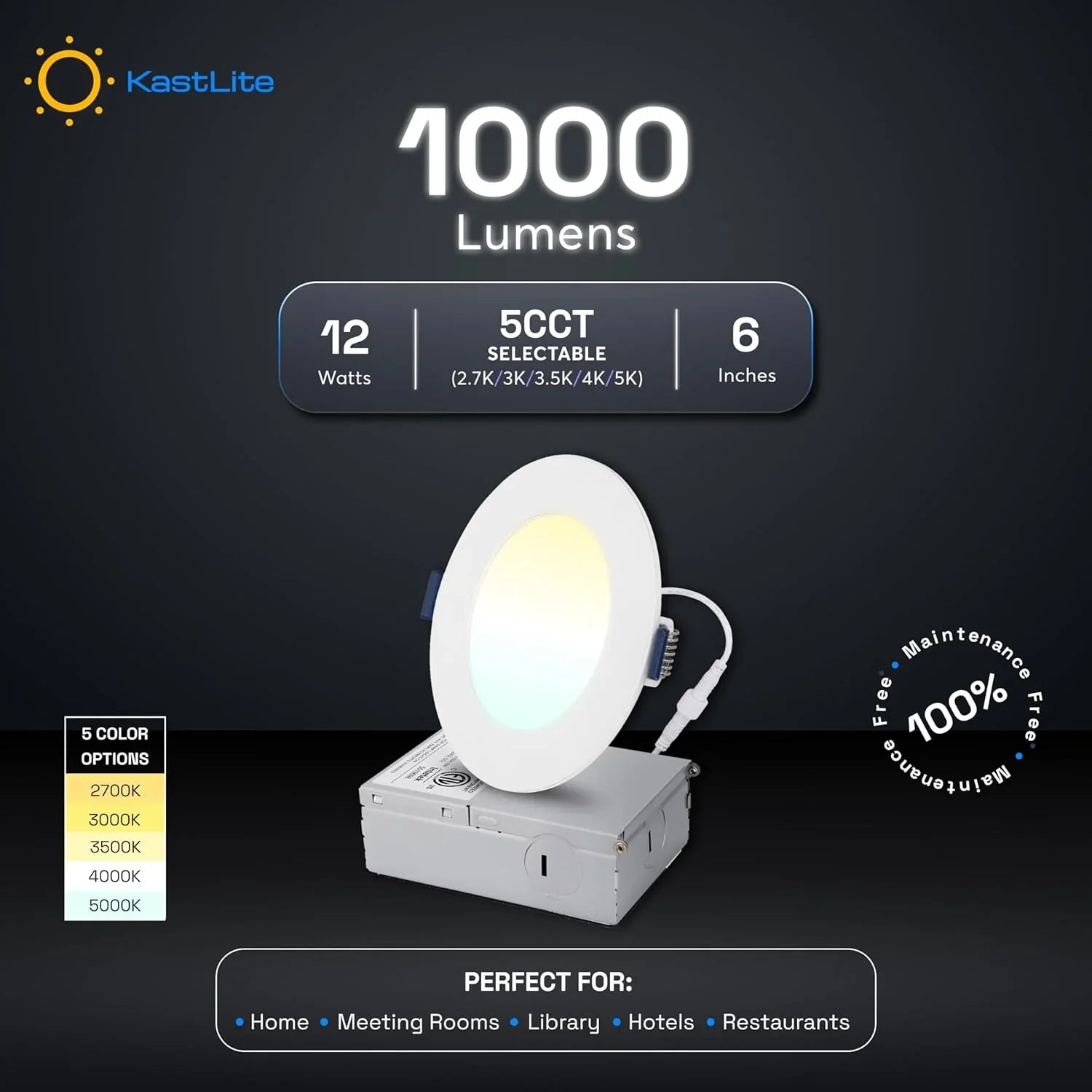 5CCT LED Recessed Dimmable Ceiling Light with Junction Box