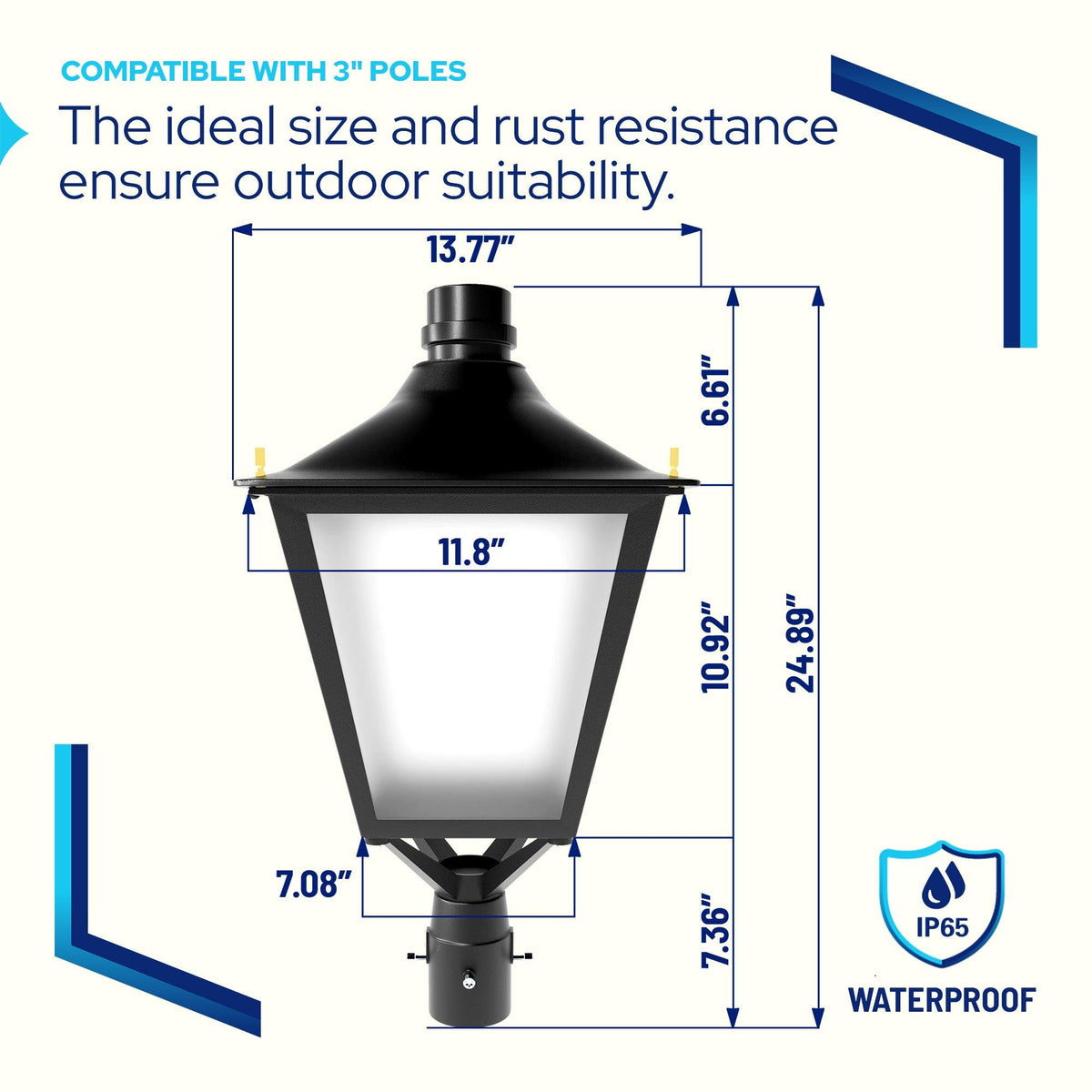 LED dusk-to-dawn outdoor post light fixture dimensions, compatible with 3-inch poles, featuring IP65 waterproof protection
