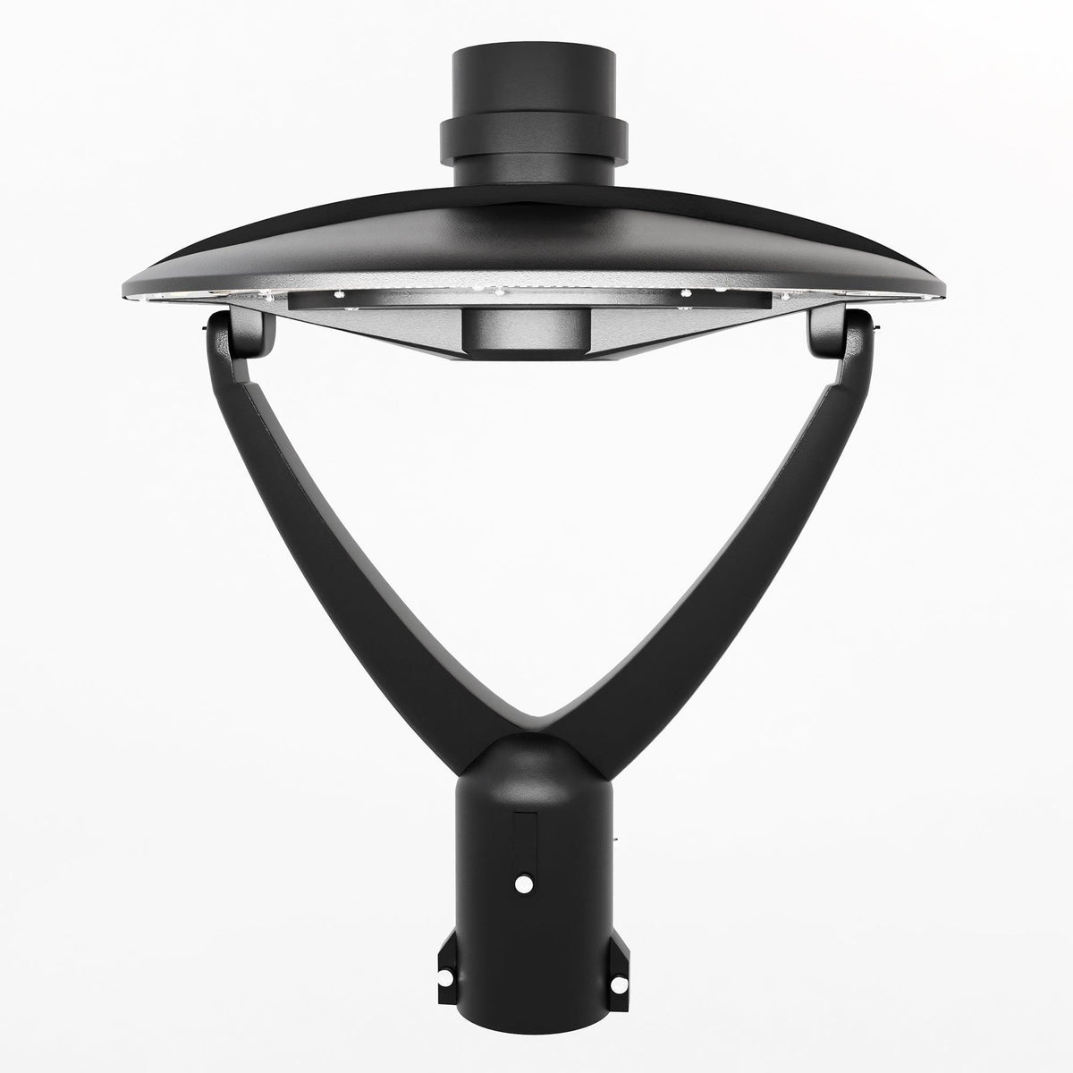 KASTLITE black LED dusk-to-dawn photocell outdoor lamp post light fixture with a modern dome-shaped top, curved support arms, and a durable post-mount base.