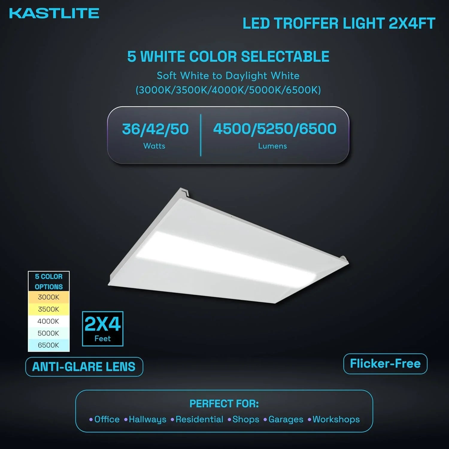2 x 4 Ft Dimmable 3-Watt & 5-CCT Selectable White LED Center Basket Troffer