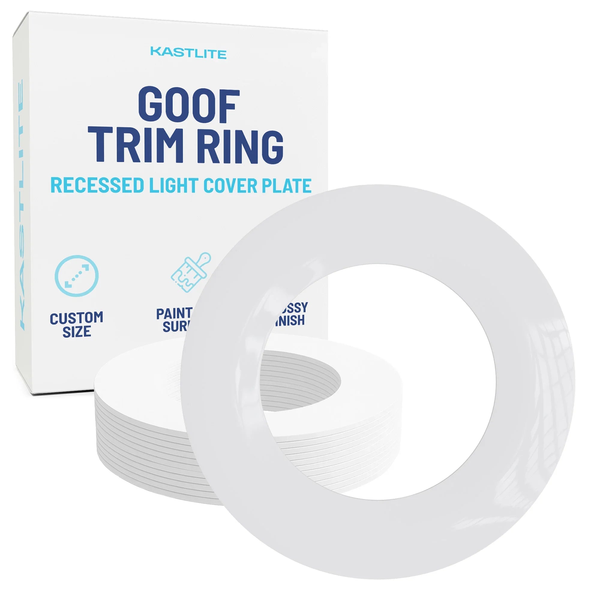 Kastlite Goof Trim Ring recessed light cover plate with packaging on a white background