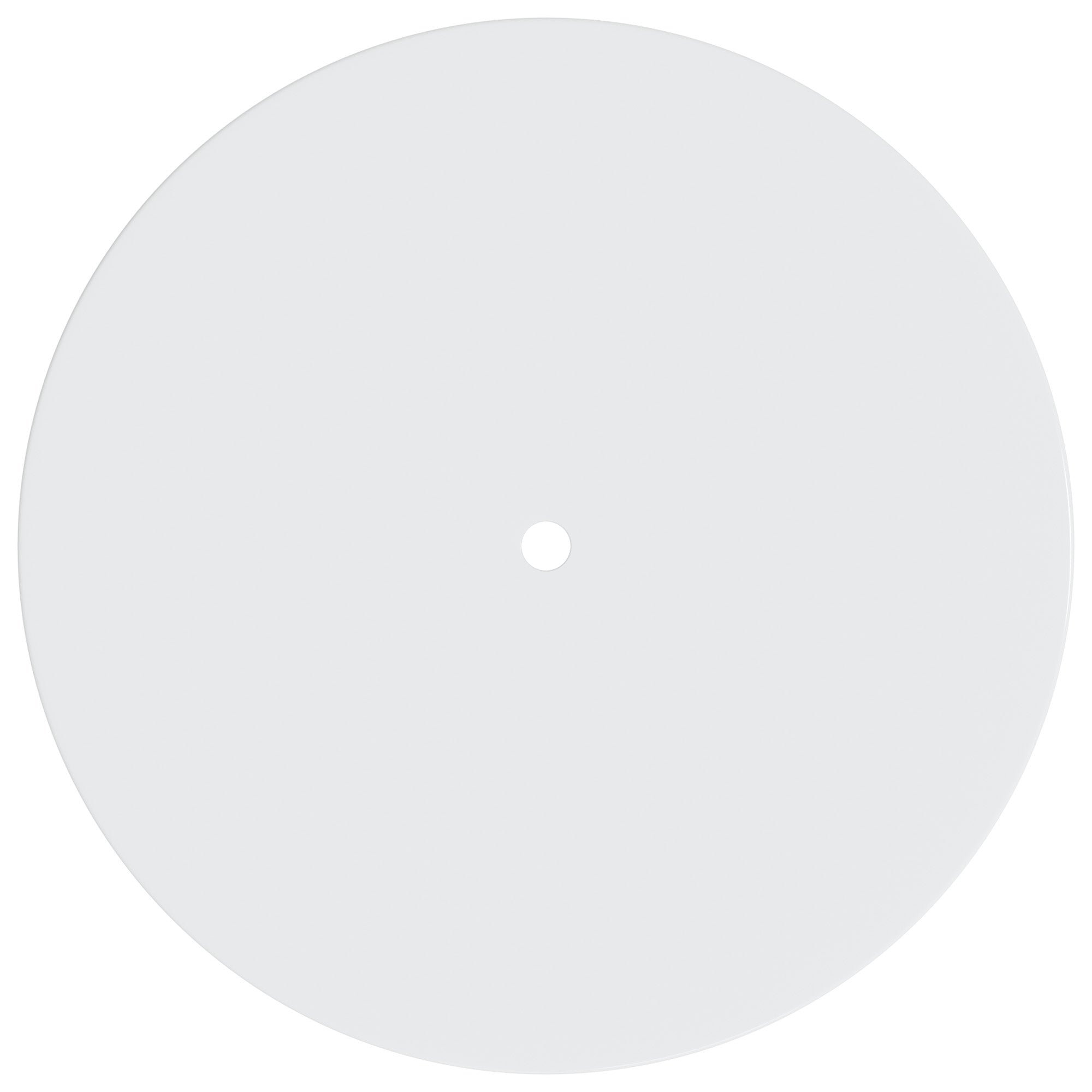 A minimalist, light gray circular disc with a small central hole, resembling a blank vinyl record or a decorative disc, isolated on a white background.
