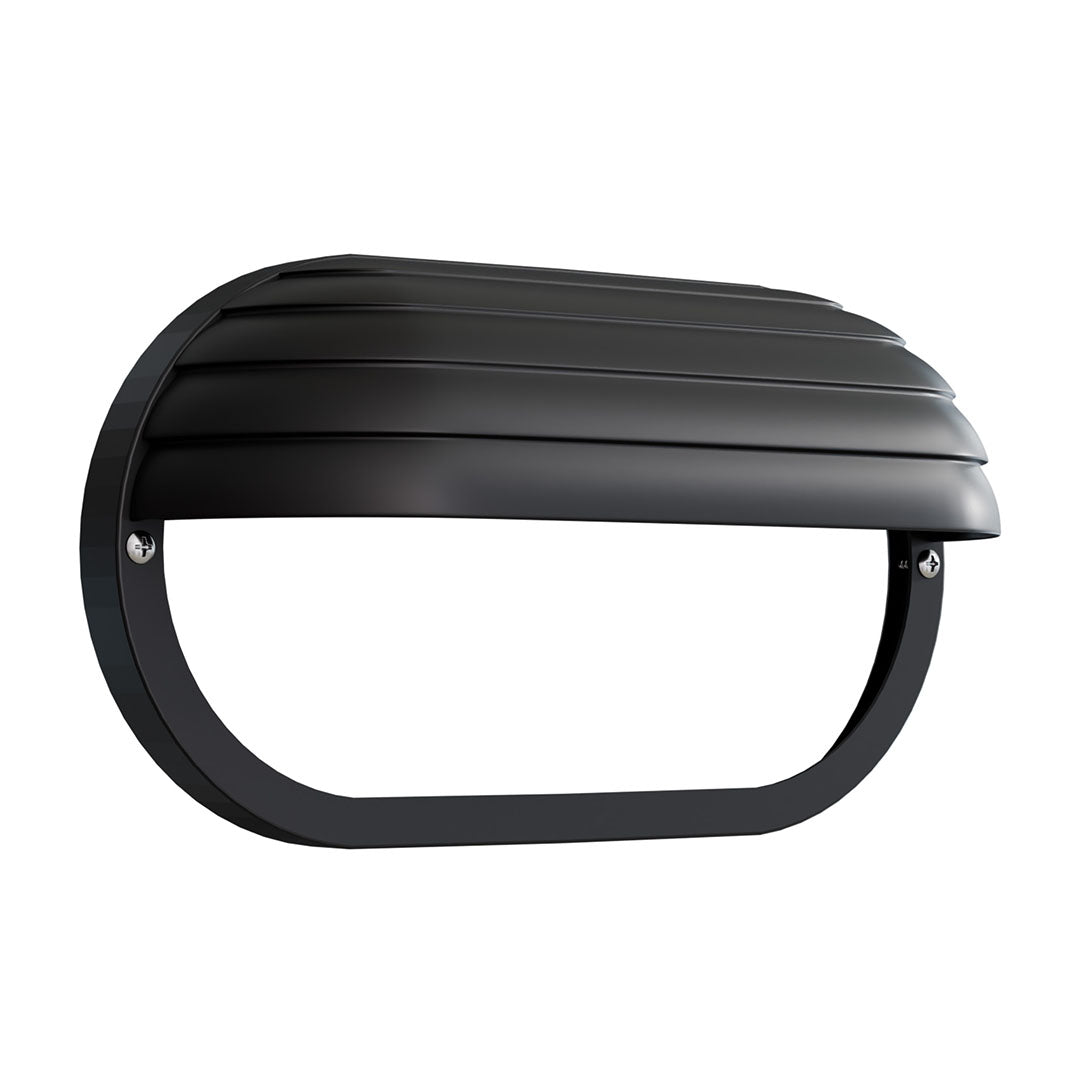 A black metal vent cover with a ribbed slatted top and a curved mounting frame, shown against a plain white background.