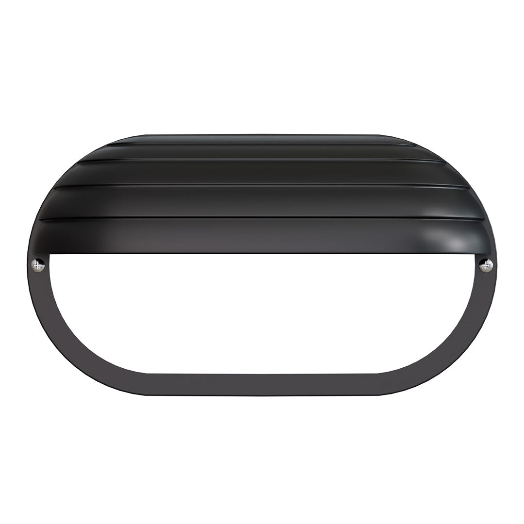 A black oval outdoor light fixture cover with horizontal slats and a mounting bracket, shown against a plain white background.