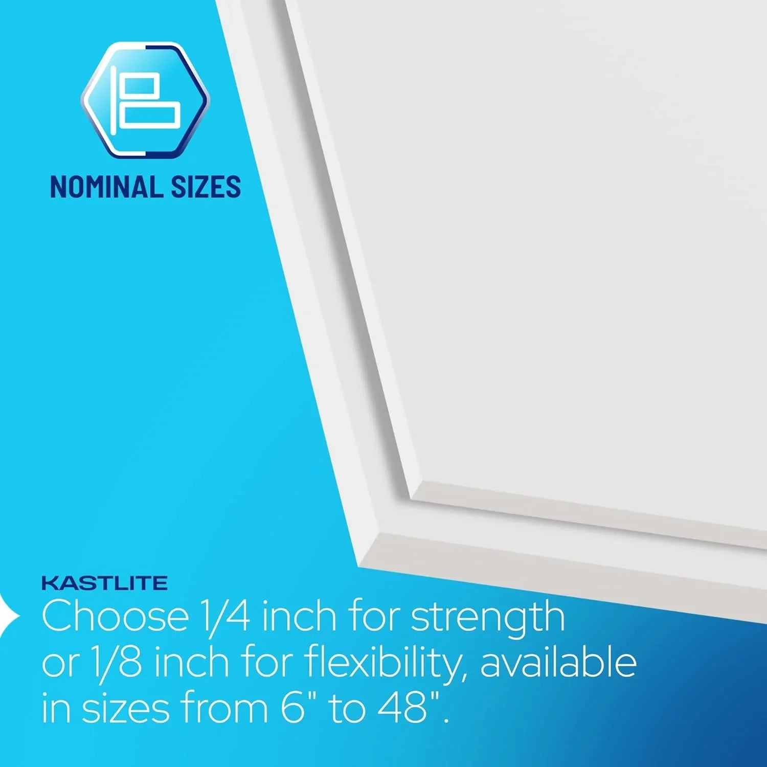 Kastlite panel with text on nominal sizes and material options on a blue background