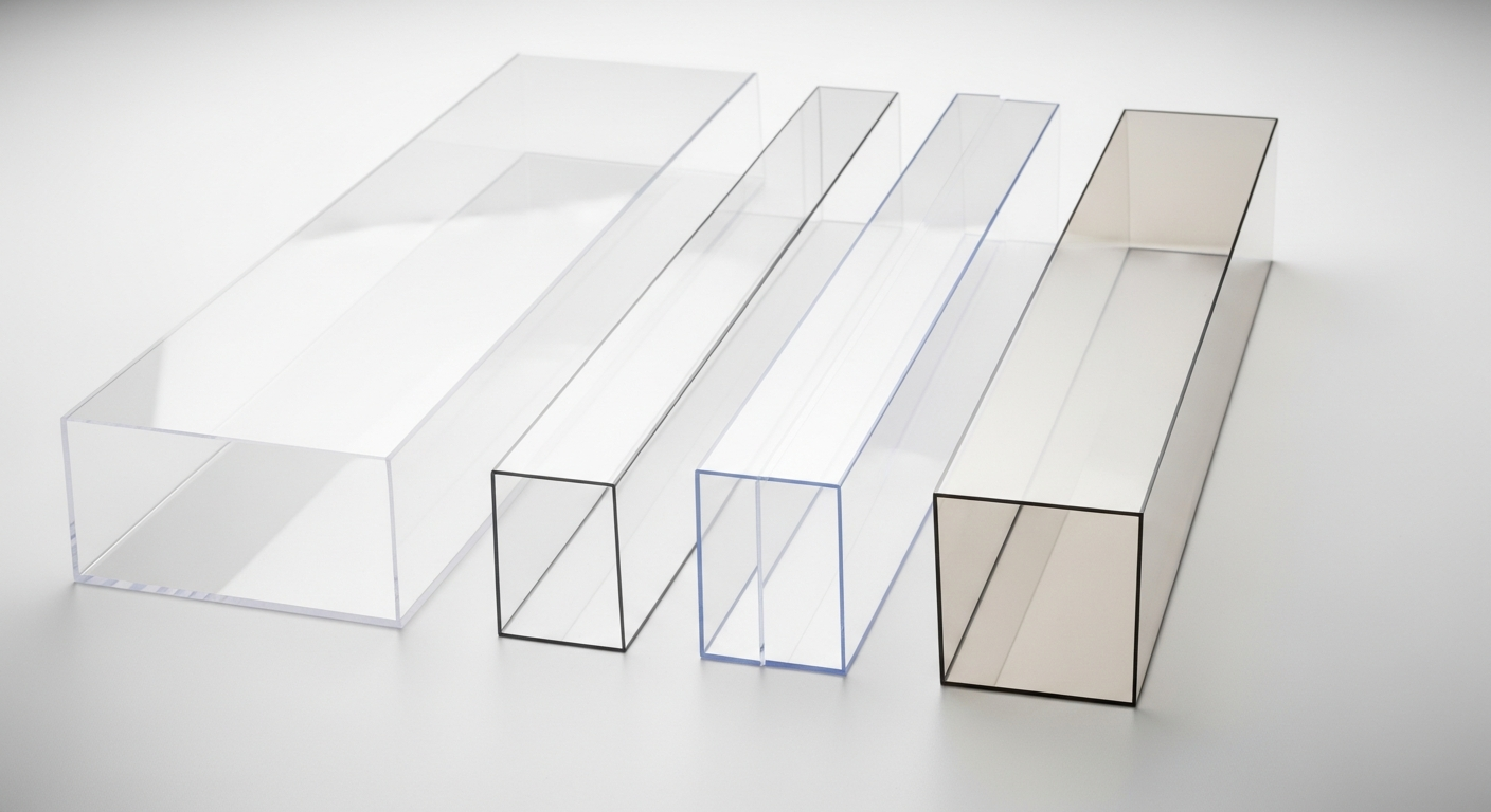 Clear plastic sheet samples laid out for material properties comparison including acrylic polycarbonate and PETG