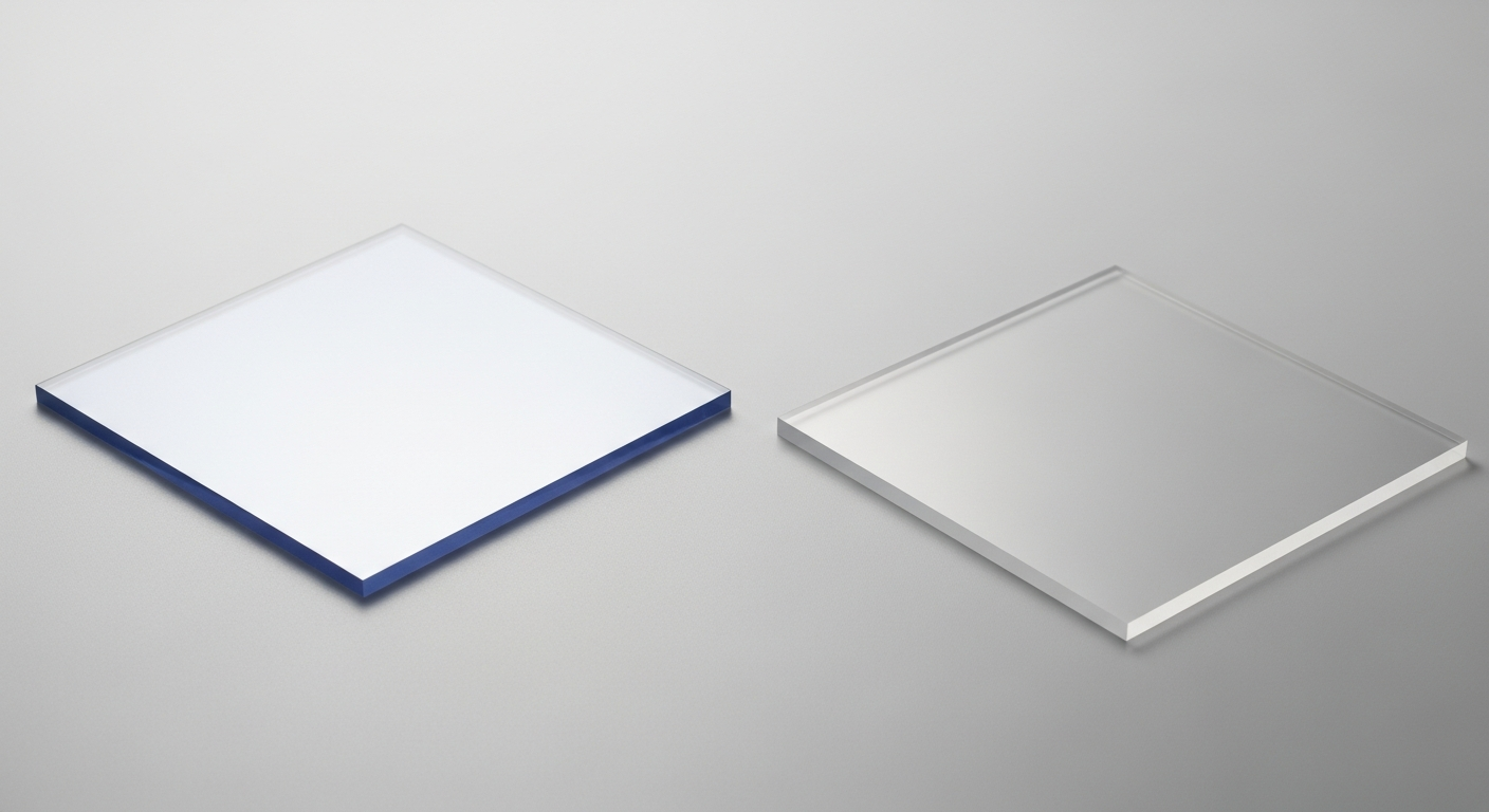 Two clear plastic sheets side by side comparing polycarbonate and PETG thermoplastic for light covers and signs