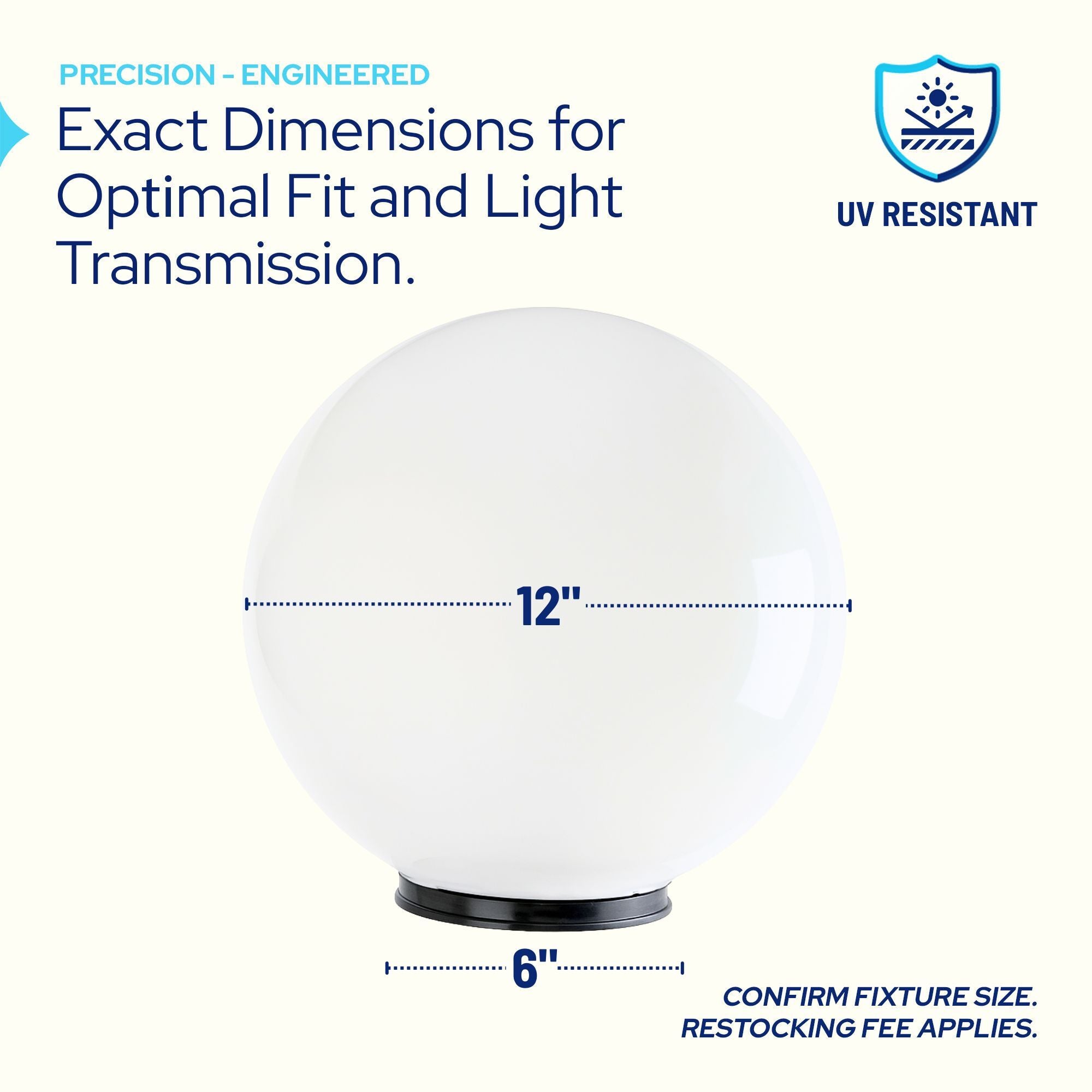 12" White Acrylic Lamp Post Globe with 6 Inch Solid Flange Neck neck opening and fitter detail