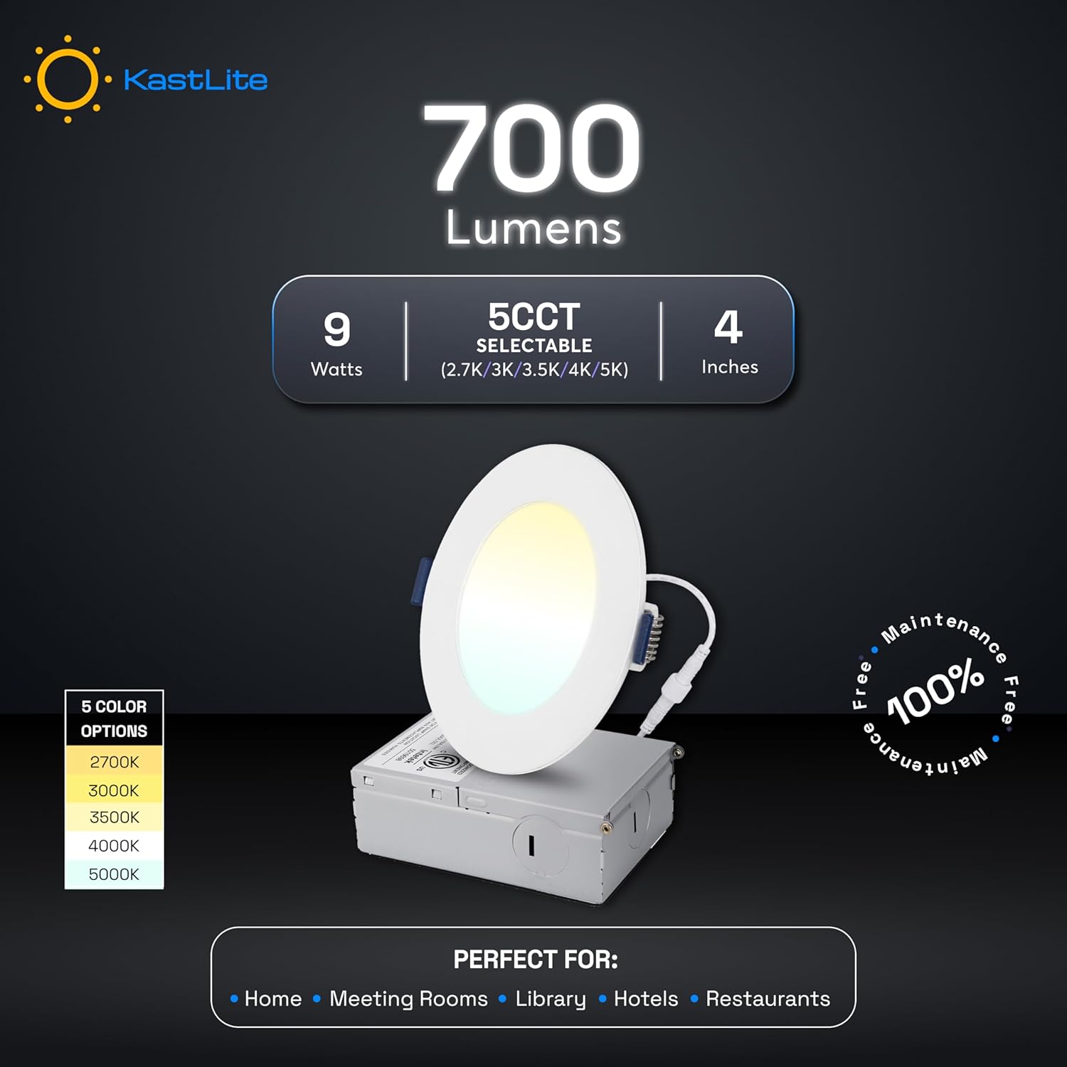 KastLite 5CCT LED Recessed Dimmable Ceiling Light with Junction Box