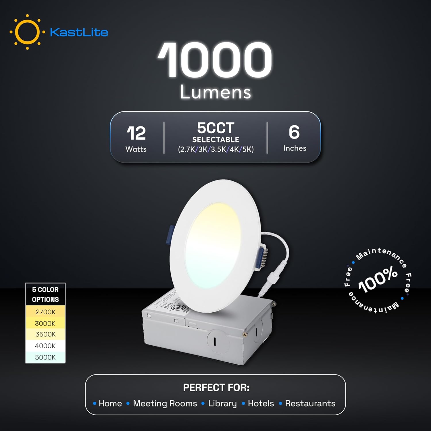 KastLite 5CCT LED Recessed Dimmable Ceiling Light with Junction Box