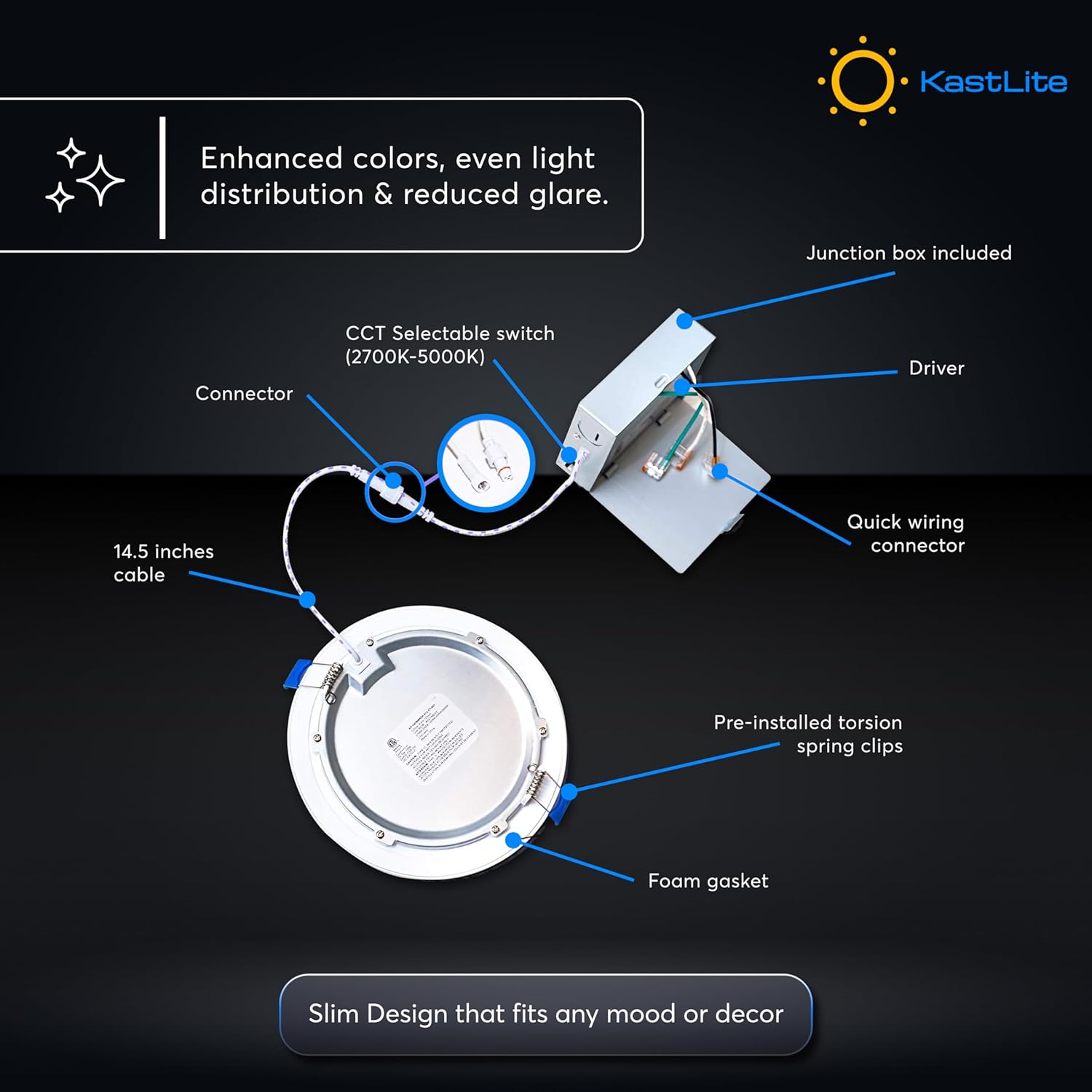 KastLite 5CCT LED Recessed Dimmable Ceiling Light with Junction Box