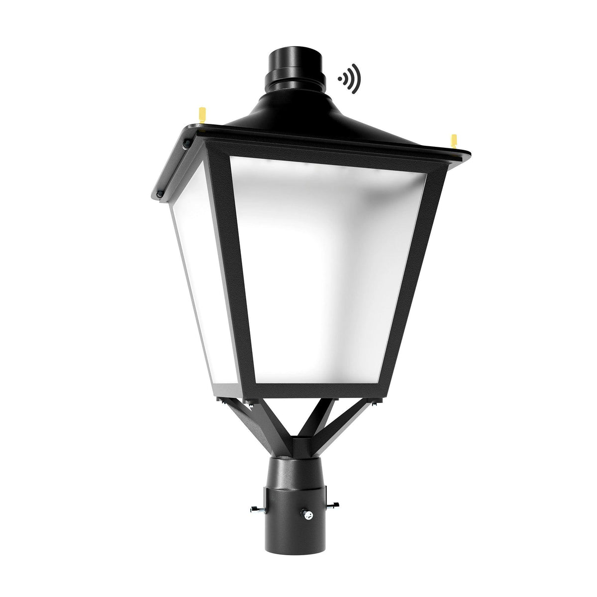 Black LED dusk-to-dawn outdoor post light fixture with frosted glass panels