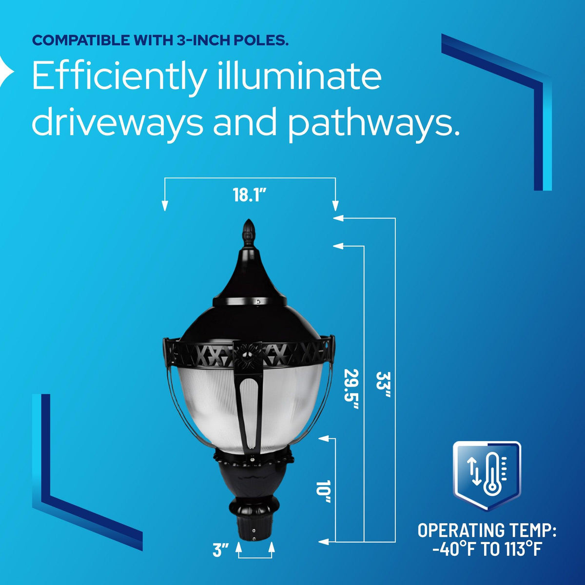KASTLITE 3-way LED acorn post-top outdoor light dimensions showing 33-inch overall height, 18.1-inch width, 3-inch pole compatibility, and operating temperature range of -40°F to 113°F