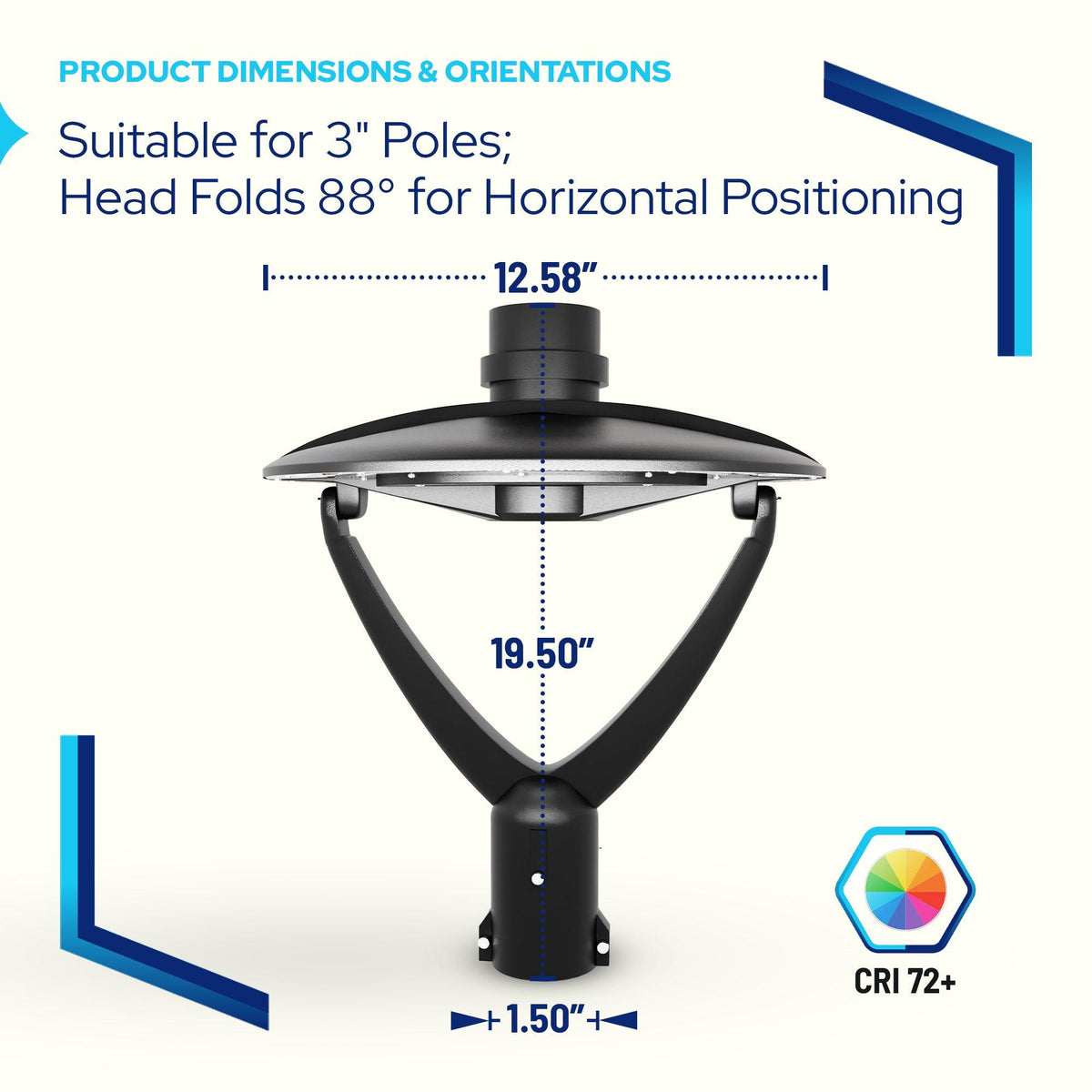 KASTLITE LED dusk-to-dawn photocell outdoor lamp post light fixture dimensions: 19.5-inch height, 12.58-inch width, and 1.5-inch mounting base, compatible with 3-inch poles and featuring an 88-degree folding head and CRI 72+ color rendering
