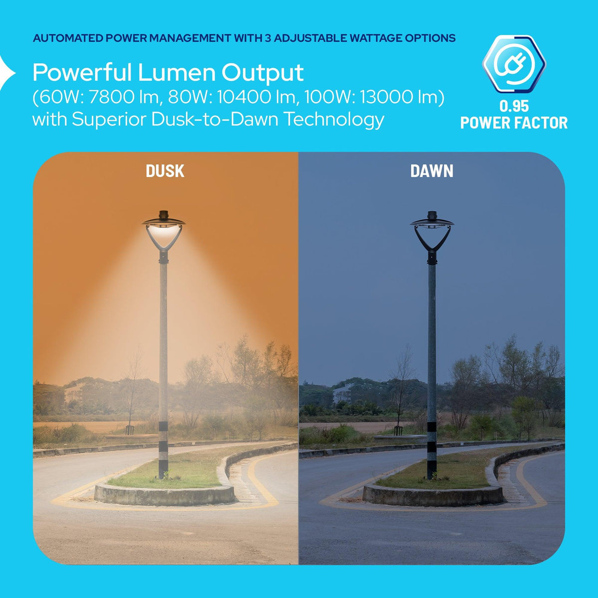 KASTLITE LED dusk-to-dawn photocell outdoor lamp post light fixture with 60W, 80W, and 100W wattage options, delivering 7,800–13,000 lumens, a 0.95 power factor, and automatic lighting control from dusk to dawn