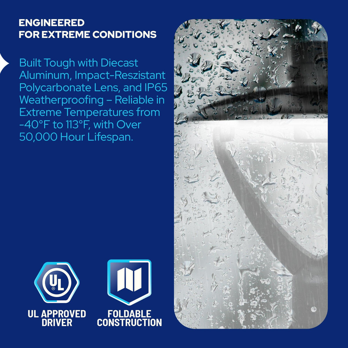KASTLITE LED outdoor lamp post light fixture featuring die-cast aluminum construction, an impact-resistant polycarbonate lens, IP65 weatherproofing, -40°F to 113°F operating temperatures, over 50,000-hour lifespan, UL-approved driver, and foldable construction