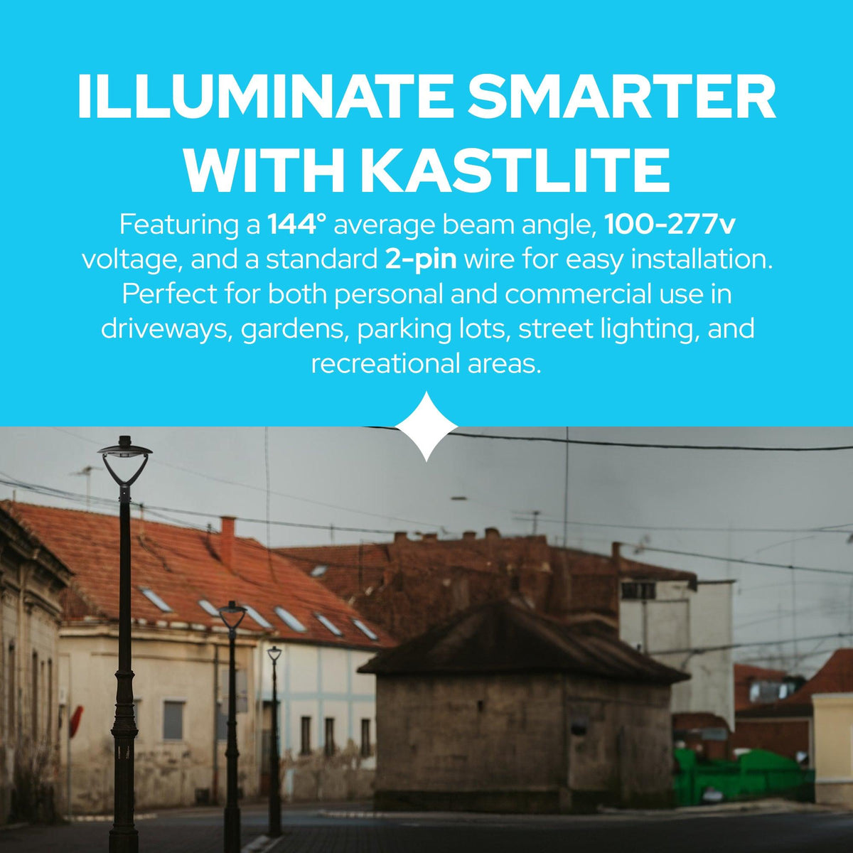 KASTLITE LED dusk-to-dawn photocell outdoor lamp post light fixture with a 144° beam angle, 100–277V voltage compatibility, and standard 2-pin wiring, ideal for driveways, gardens, parking lots, streets, and recreational areas