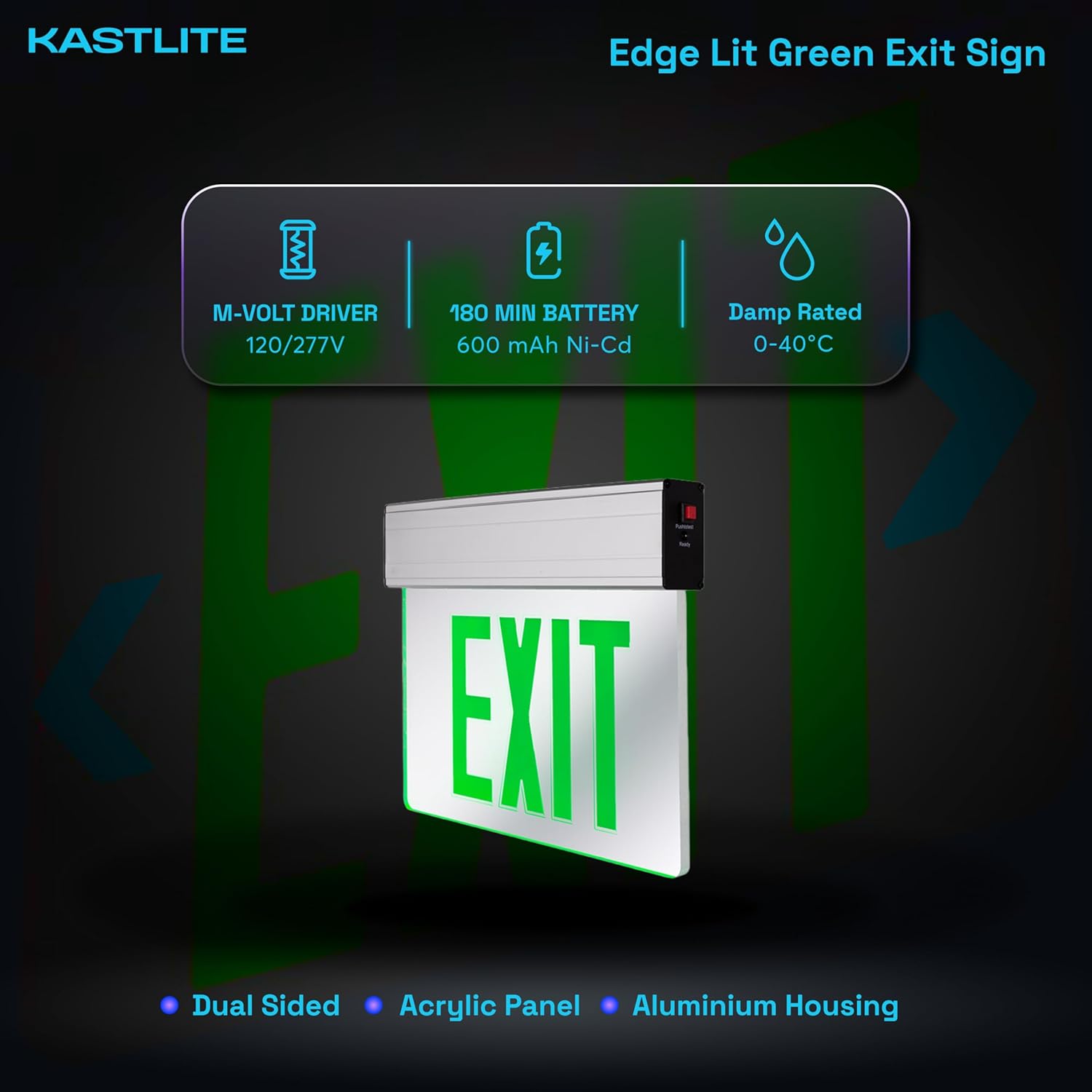 KastLite LED Emergency Edge-Lit Exit Sign, 180 Min Backup, Damp Rated