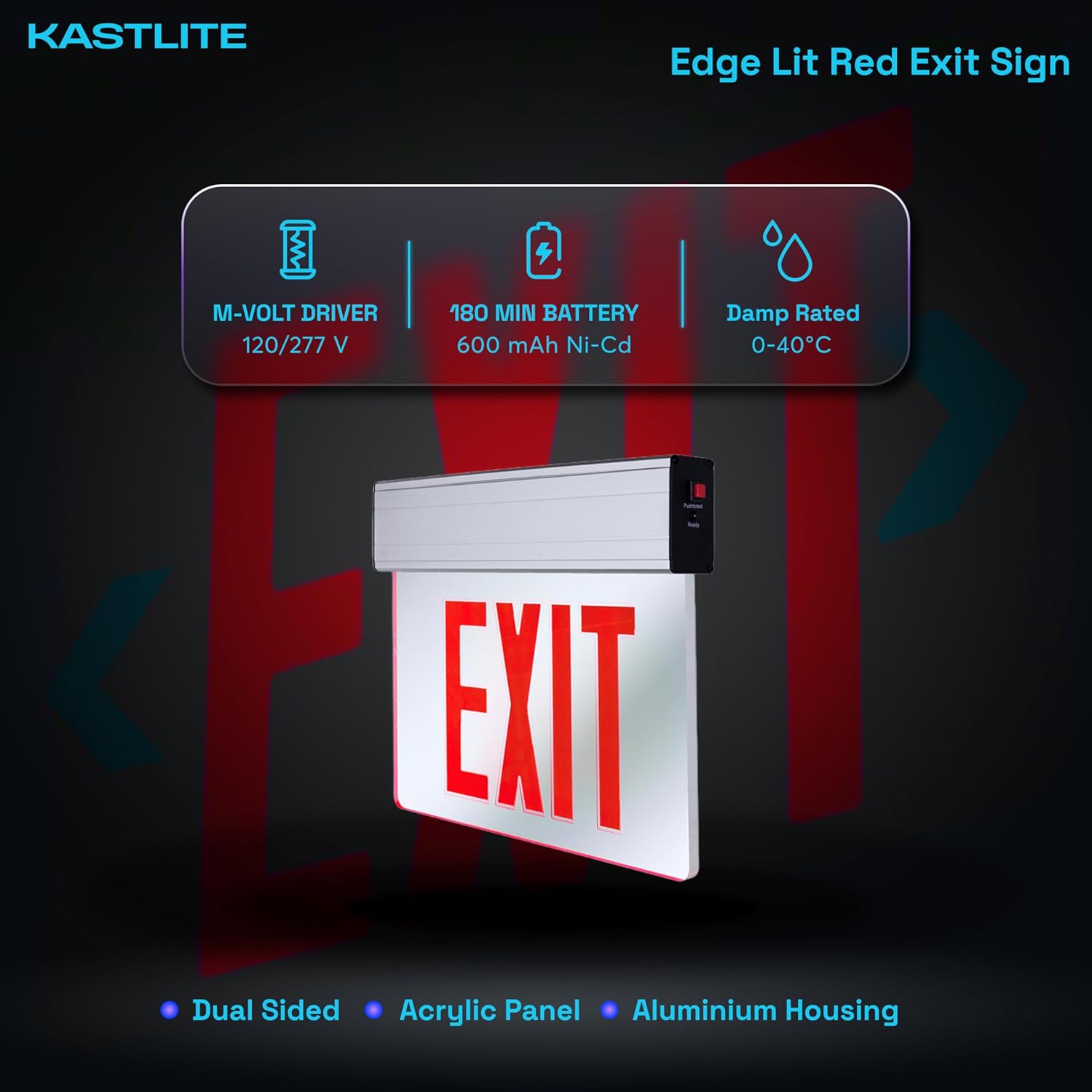 KastLite LED Emergency Edge-Lit Exit Sign, 180 Min Backup, Damp Rated