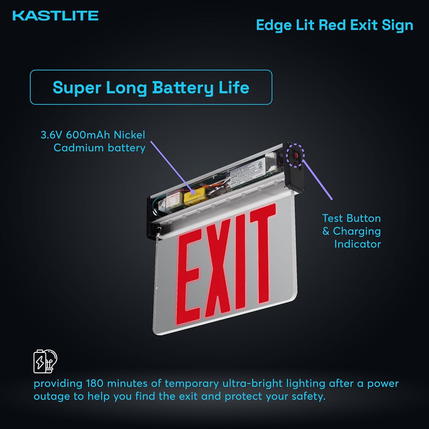 KastLite LED Emergency Edge-Lit Exit Sign, 180 Min Backup, Damp Rated
