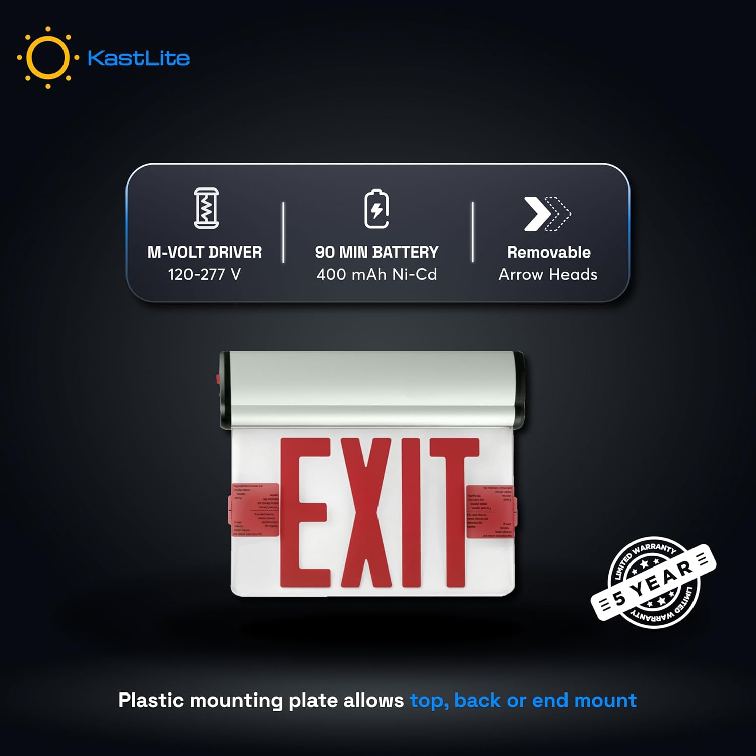 KastLite LED Emergency Edge-Lit Exit Sign, 180 Min Backup, Damp Rated