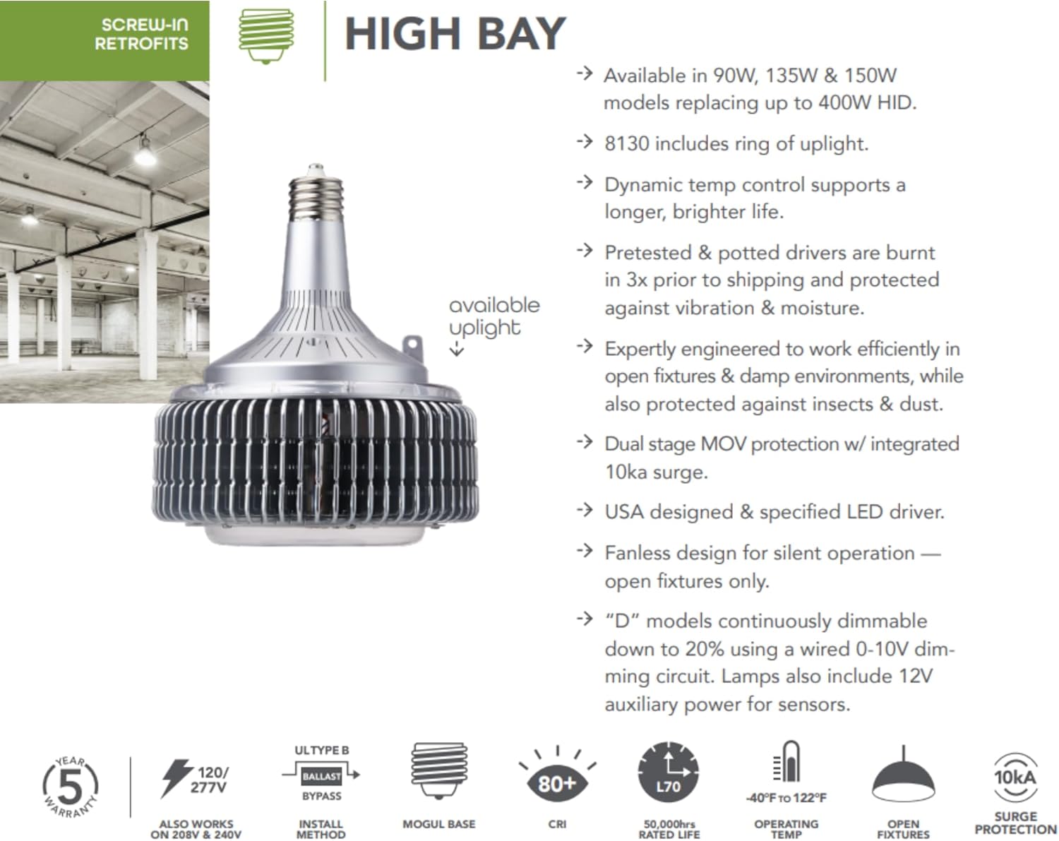 KastLite Open Rated High Bay LED Retrofit Bulb