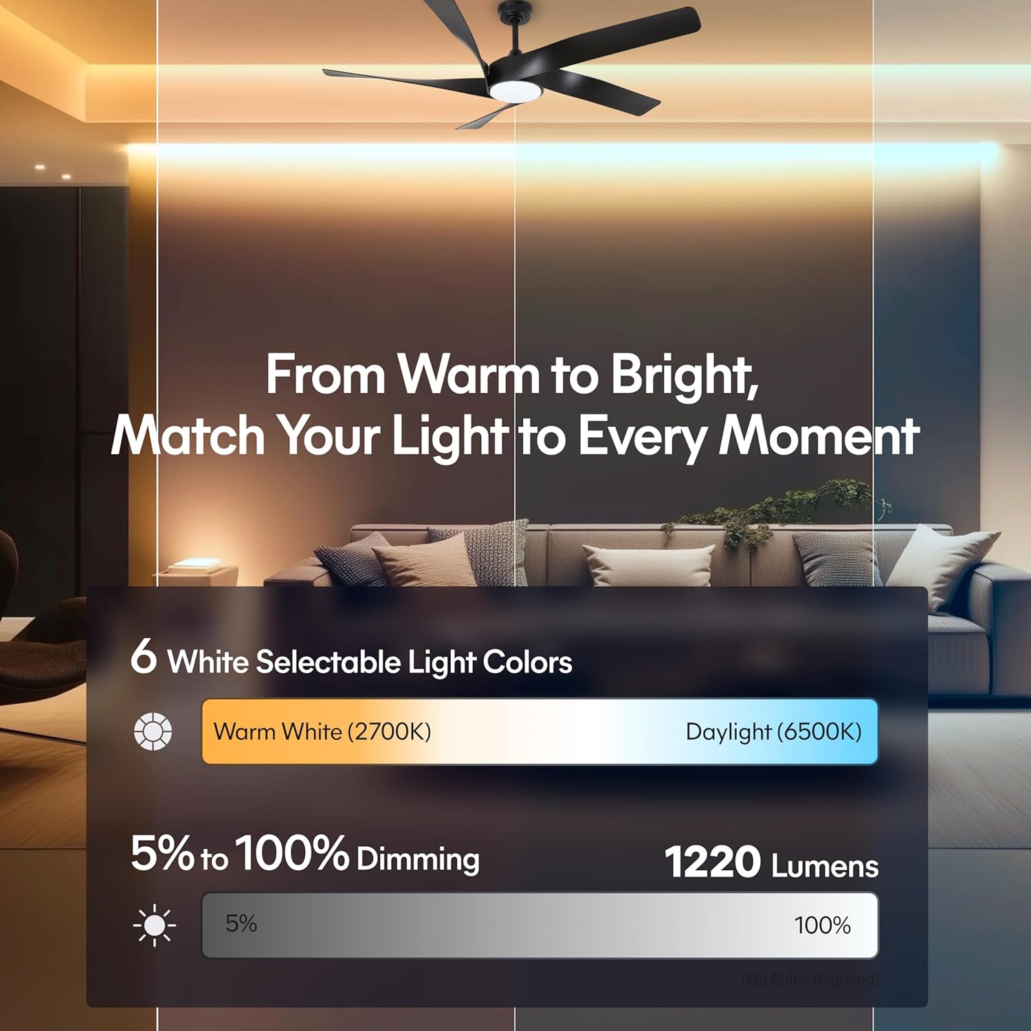 60-Inch Matte White Ceiling Fan with Light & Remote Control | 6CCT Dimmable LED additional angle view