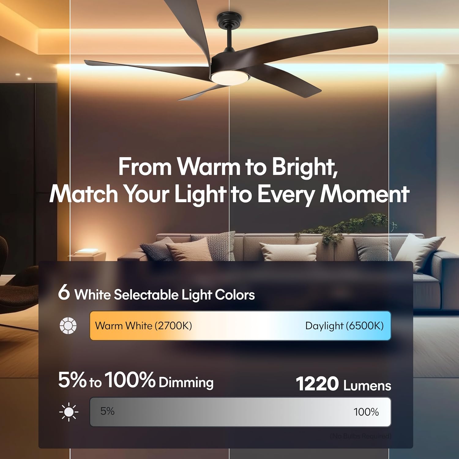 60-Inch Matte White Ceiling Fan with Light & Remote Control | 6CCT Dimmable LED additional angle view