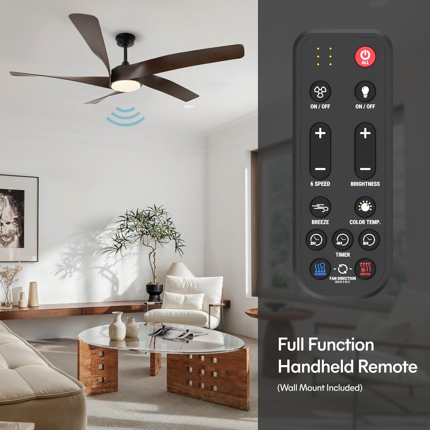 60-Inch Matte White Ceiling Fan with Light & Remote Control | 6CCT Dimmable LED additional angle view