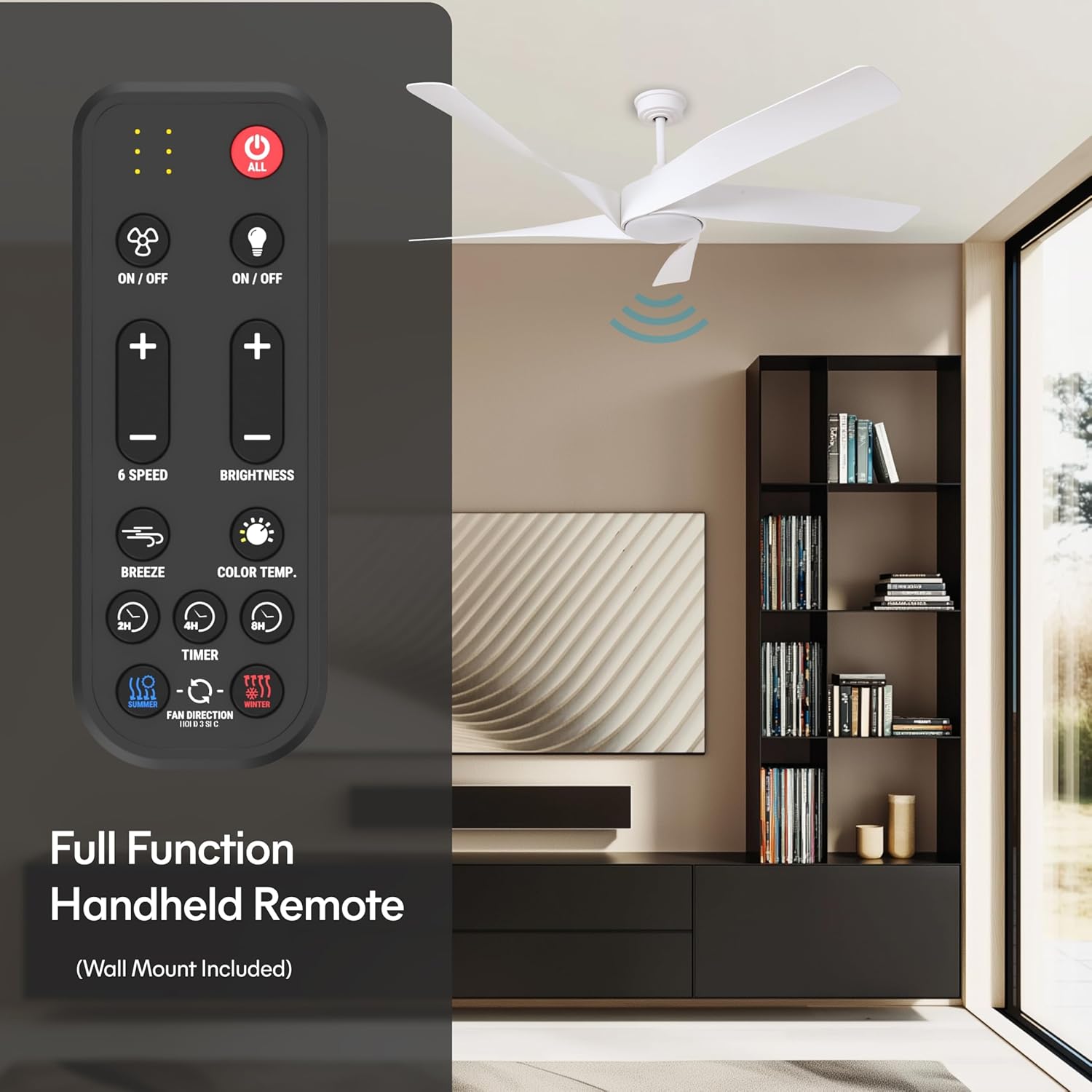 60-Inch Matte White Ceiling Fan with Light & Remote Control | 6CCT Dimmable LED additional angle view