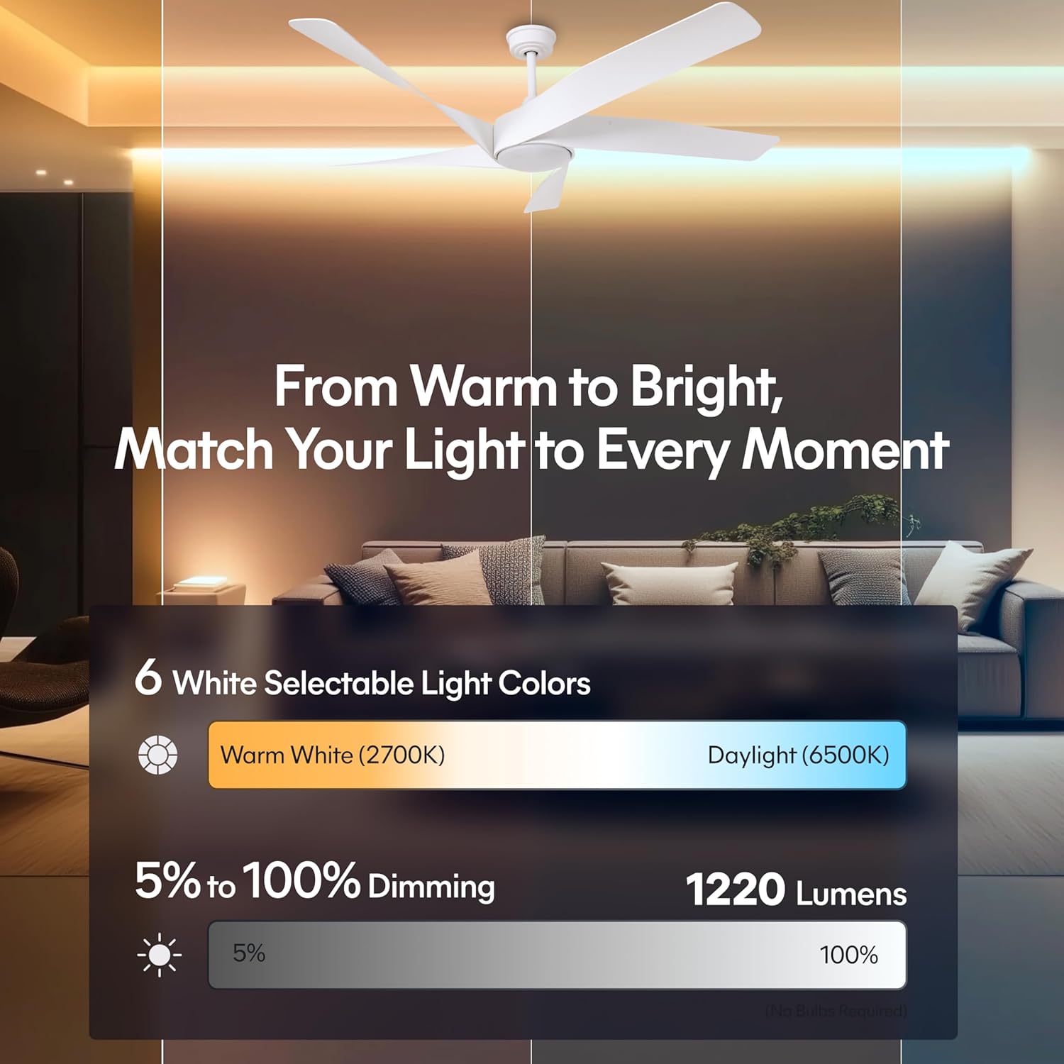 60-Inch Matte White Ceiling Fan with Light & Remote Control | 6CCT Dimmable LED additional angle view