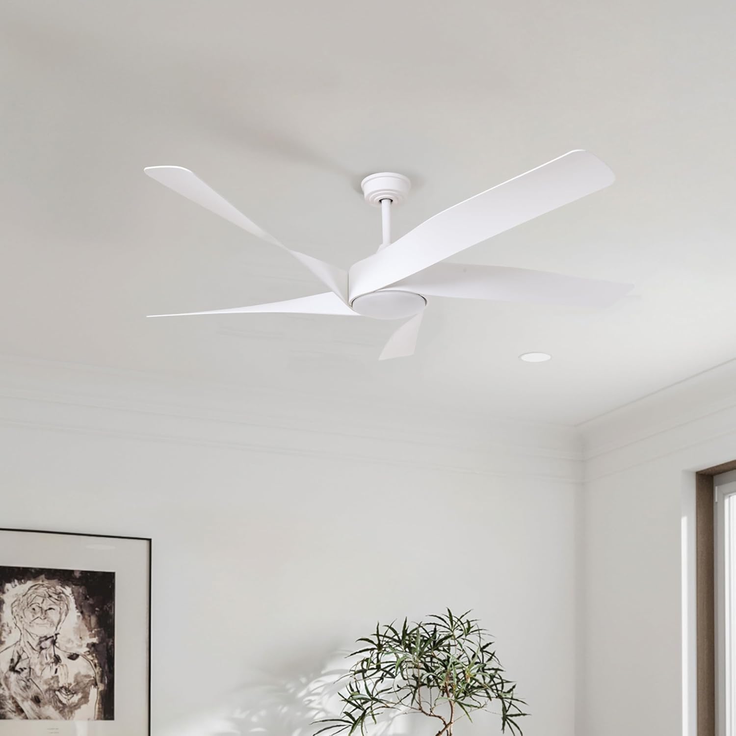 60-Inch Matte White Ceiling Fan with Light & Remote Control | 6CCT Dimmable LED specifications and mounting detail
