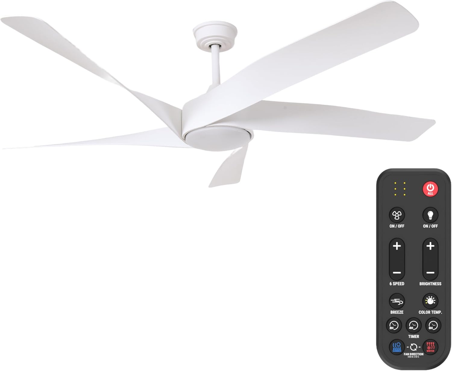60-Inch Matte White Ceiling Fan with Light & Remote Control | 6CCT Dimmable LED LED lighting fixture