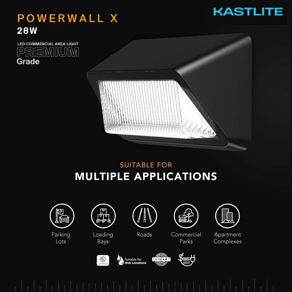 KastLite Outdoor Commercial High Output Refractor Wall Pack Light with Photocell Sensor