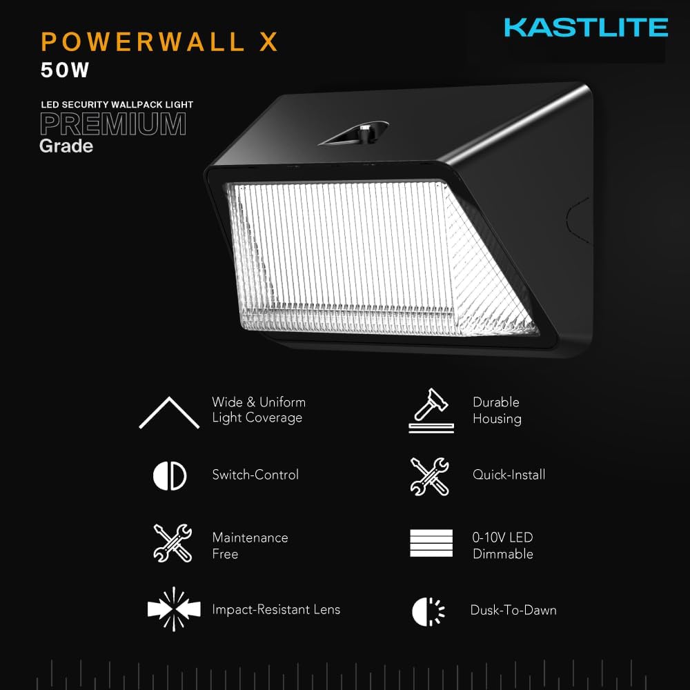 KastLite Outdoor Commercial High Output Refractor Wall Pack Light with Photocell Sensor