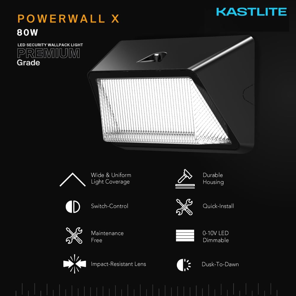 KastLite Outdoor Commercial High Output Refractor Wall Pack Light with Photocell Sensor