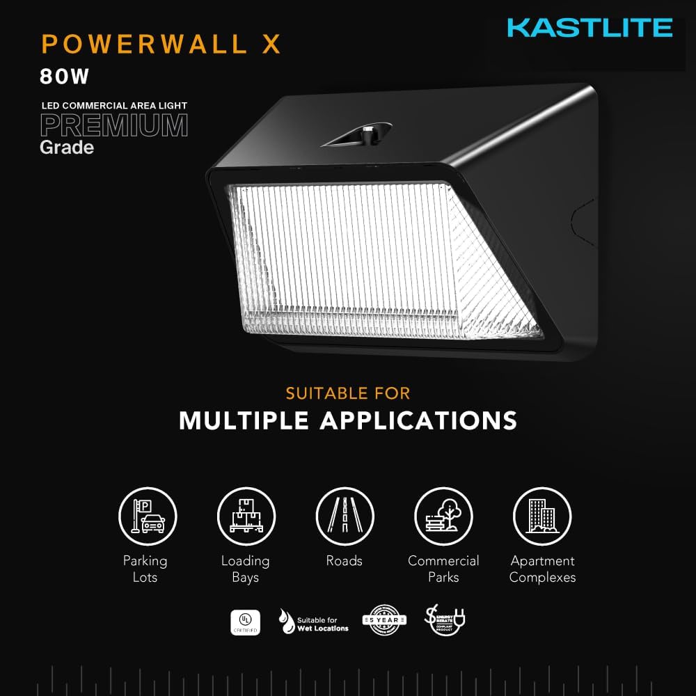 KastLite Outdoor Commercial High Output Refractor Wall Pack Light with Photocell Sensor