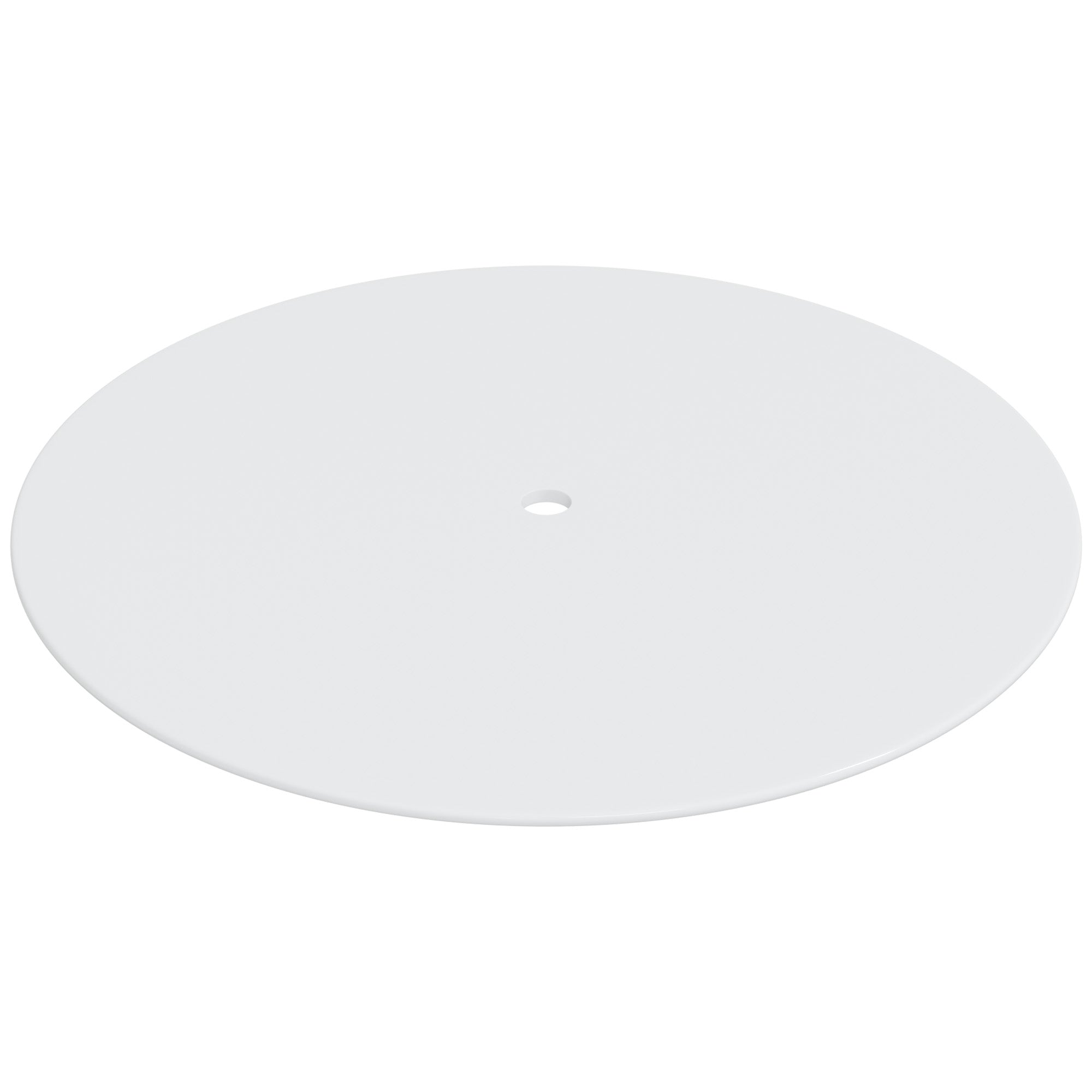 A white circular plastic plate with a small hole in the center, shown on a solid white background.