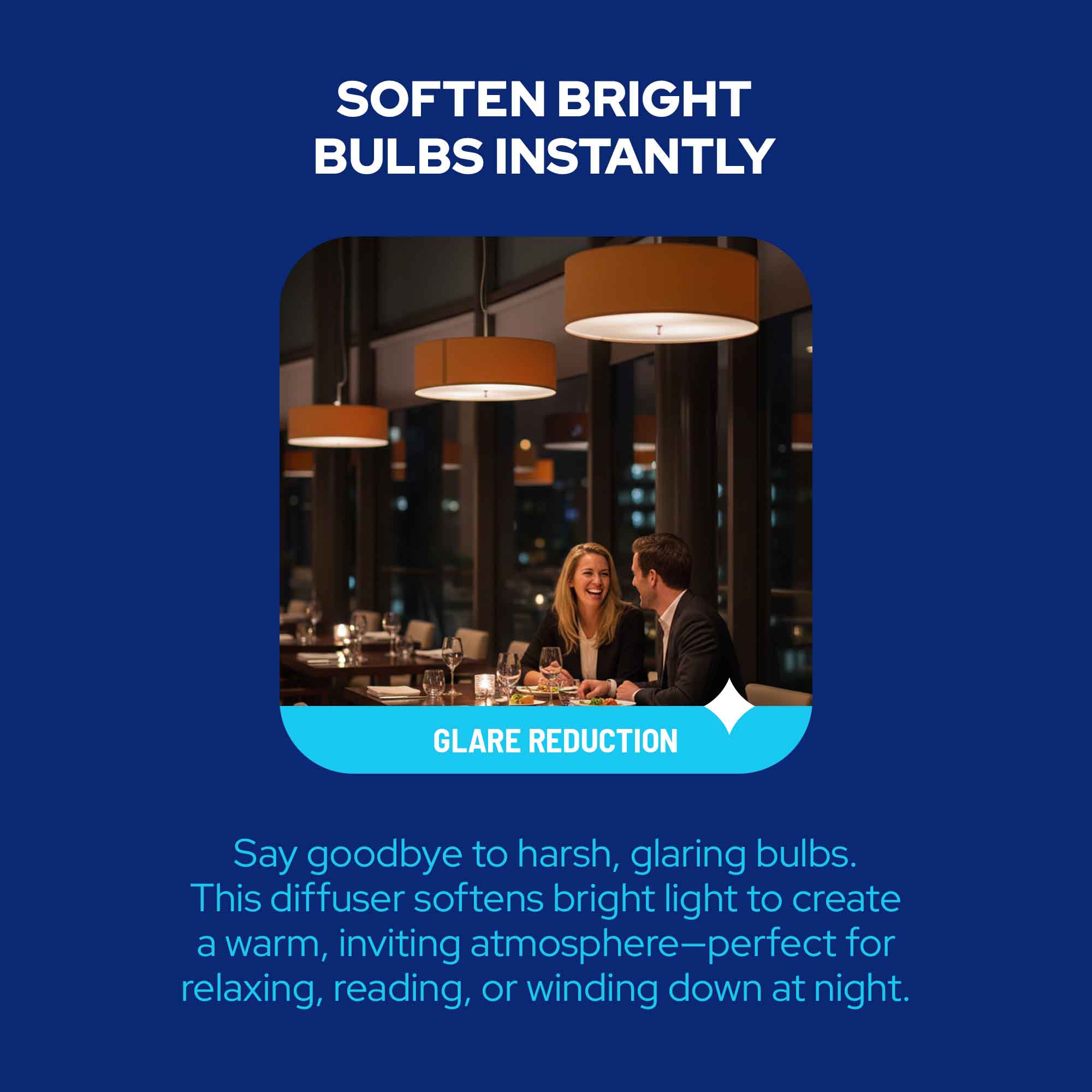 A promotional graphic on a dark blue background with text reading 'SOFTEN BRIGHT BULBS INSTANTLY' and 'GLARE REDUCTION,' plus a central inset photo of a couple dining at a restaurant under warm pendant lights. The lower text explains that the diffuser softens bright light into a warm inviting atmosphere for relaxing activities at night.