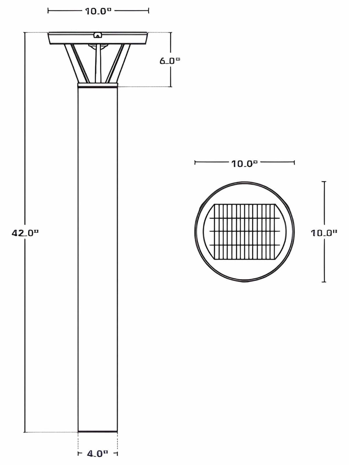 Solar LED bollard light dimension drawing showing 42-inch height and 10-inch diameter.