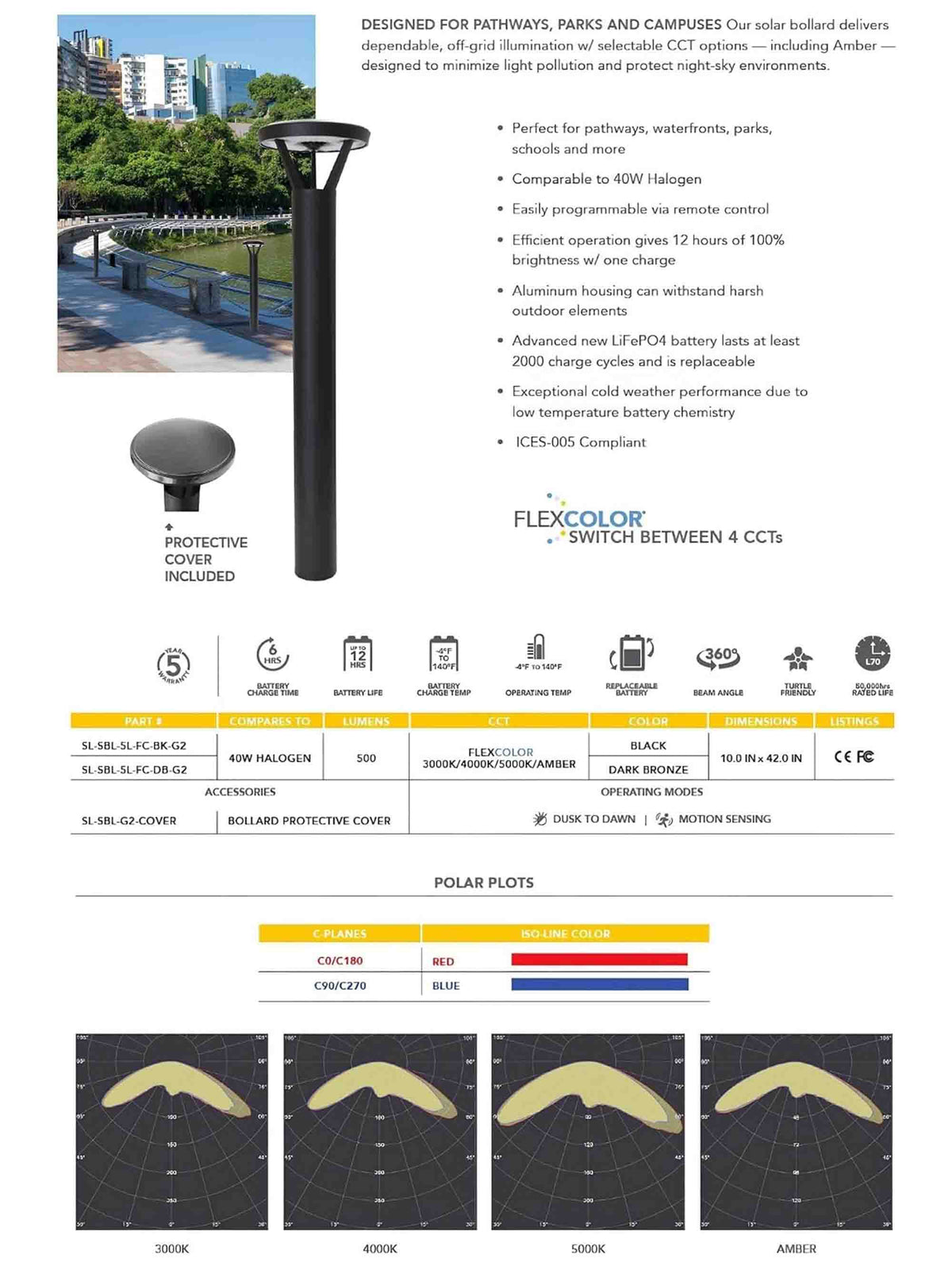 Solar LED bollard light for pathways, parks, campuses, and outdoor spaces.