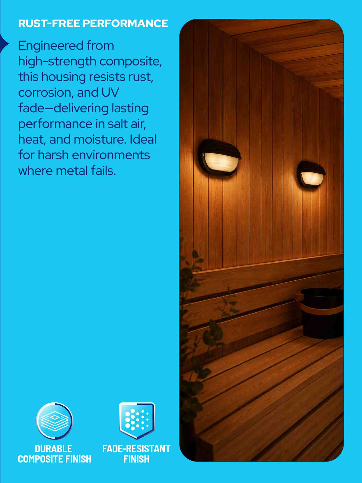 Promotional graphic for a rust-free composite outdoor wall light fixture, featuring a warm glowing fixture mounted on a wooden sauna wall on the right, with text on the left describing its rust, corrosion, and UV resistance.