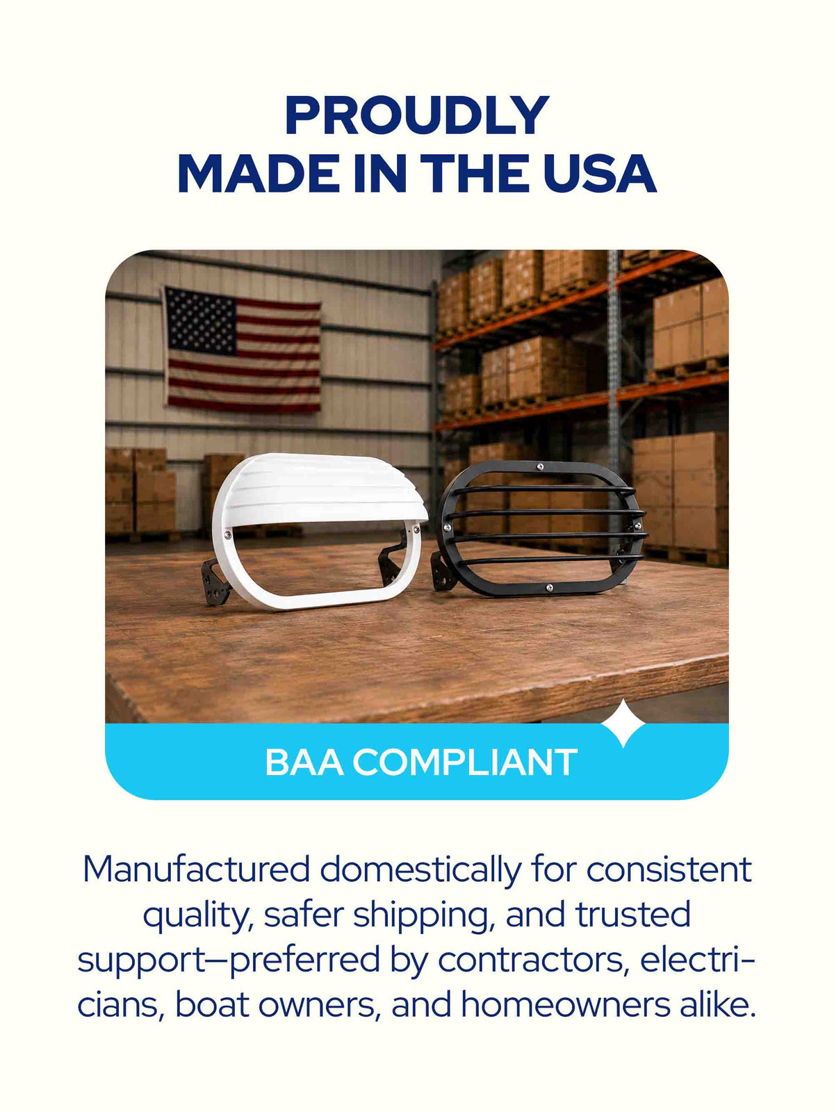 Promotional graphic for a pair of safety glasses with a white frame and black metal grill, set against a warehouse background with text reading 'PROUDLY MADE IN THE USA' and 'BAA COMPLIANT'.