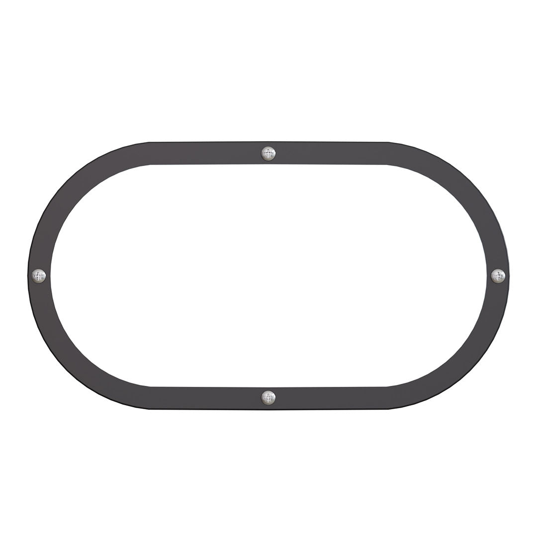 A dark gray oval license plate frame with four silver mounting bolts, shown on a solid white background.