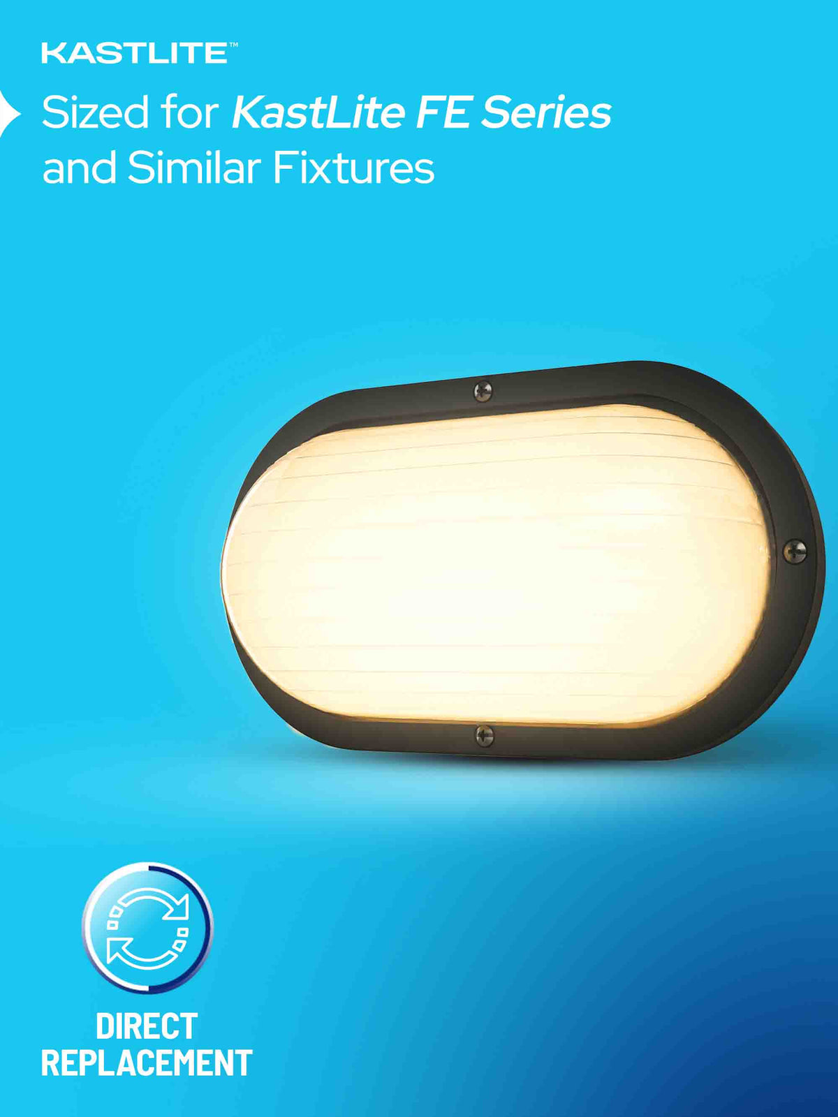 A KASTLITE oval outdoor light fixture with a black frame and glowing warm white light, shown on a bright blue background with text reading 'KASTLITE Sized for KASTLITE FE Series and Similar Fixtures' and 'DIRECT REPLACEMENT'.