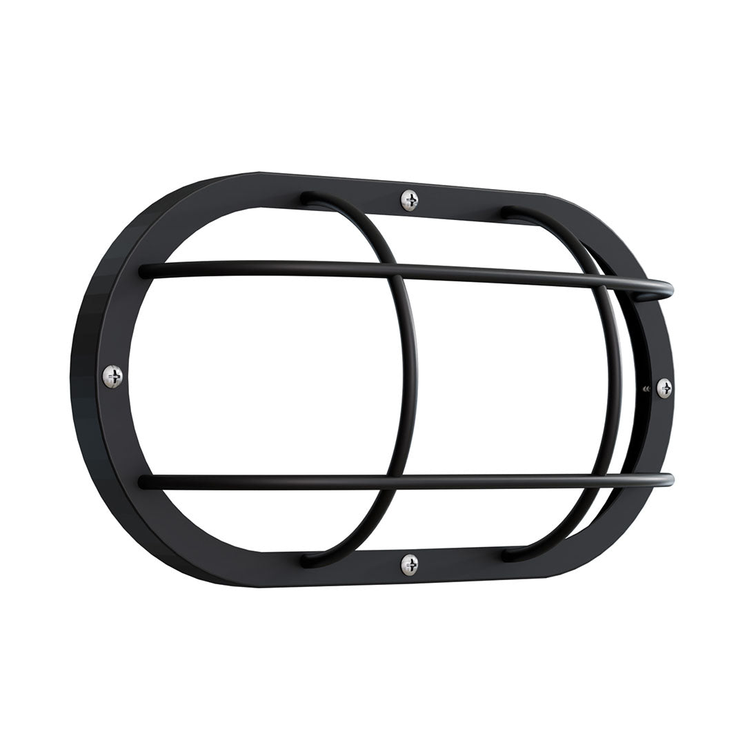 A black metal oval guard or grille with circular bars and four visible silver screws, shown on a plain white background.