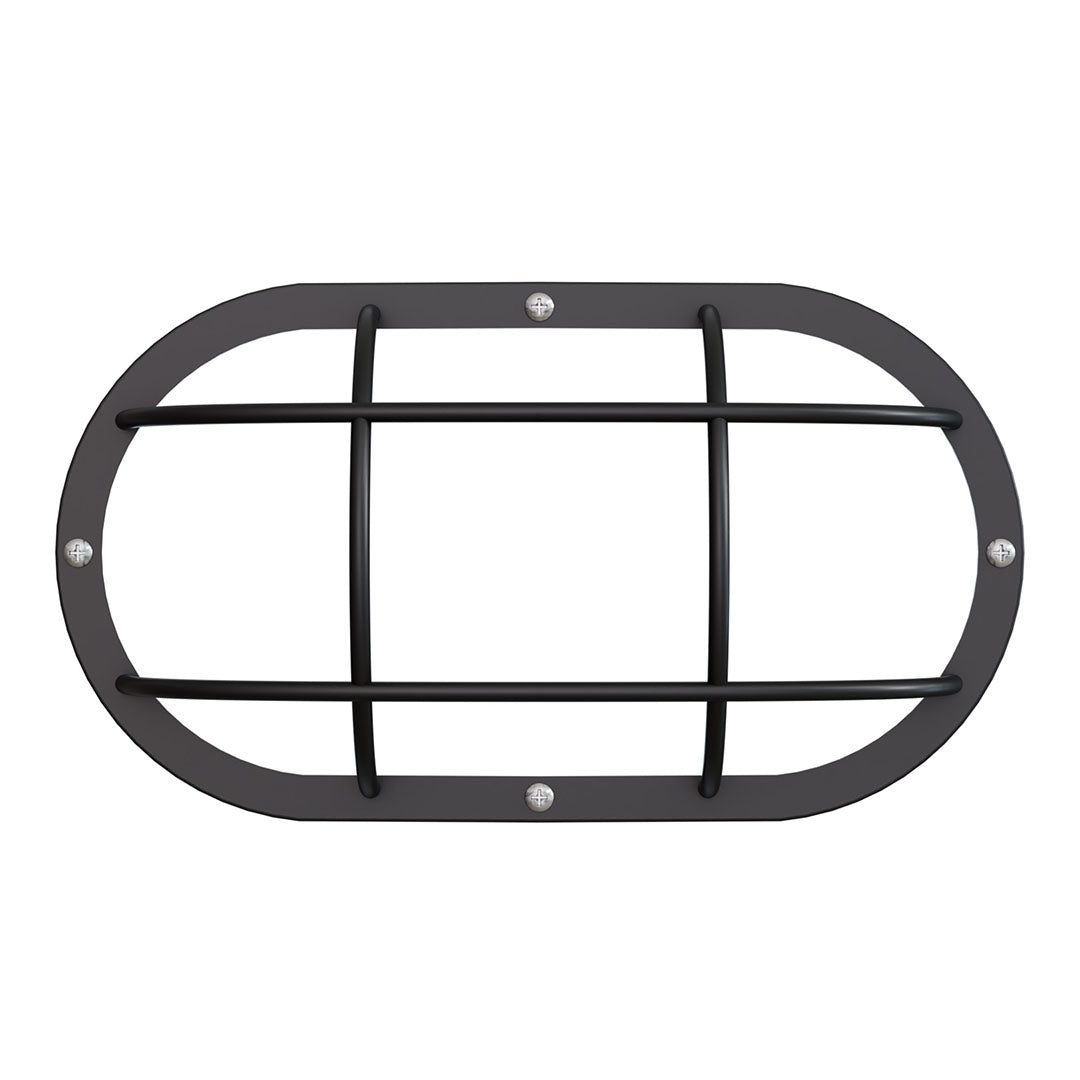 A black metal oval guard grille with a grid pattern and four silver mounting screws, shown against a plain white background.