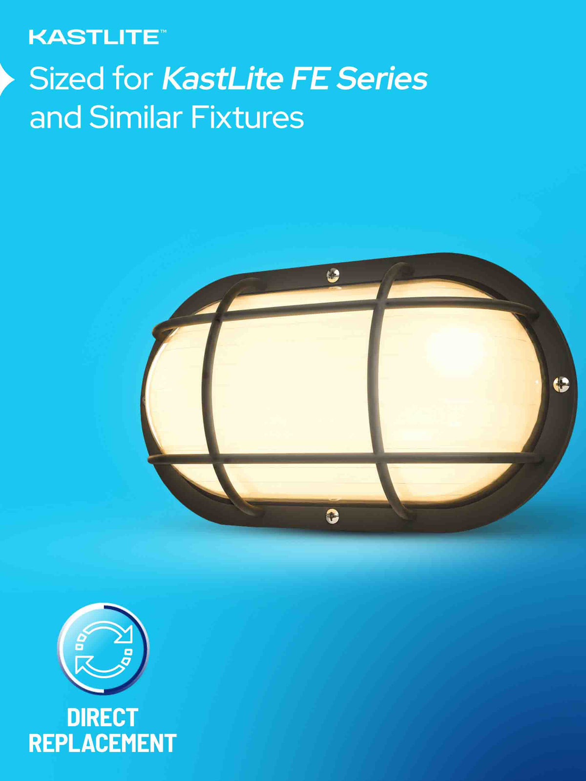 A Kastlite outdoor wall light fixture with a black metal frame and glowing warm white glass, shown on a bright blue background with text reading 'KastLite' and 'Sized for KastLite FE Series and Similar Fixtures' plus a 'Direct Replacement' badge.